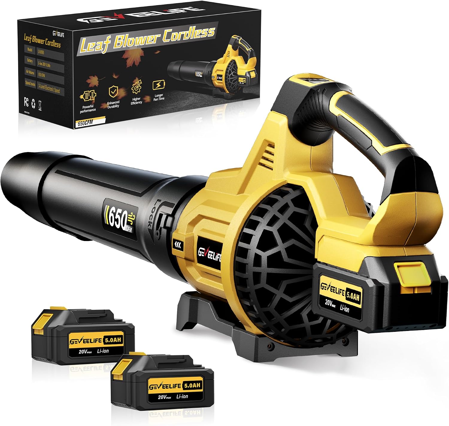 GEVEELIFE  Leaf Blower Cordless 650CFM 3 Speed Levels Electric Cordless Leaf Blower with 2 x 5.0Ah Battery Powered Blowers for Lawn Care Yard Blowing Leaves Dust Snow