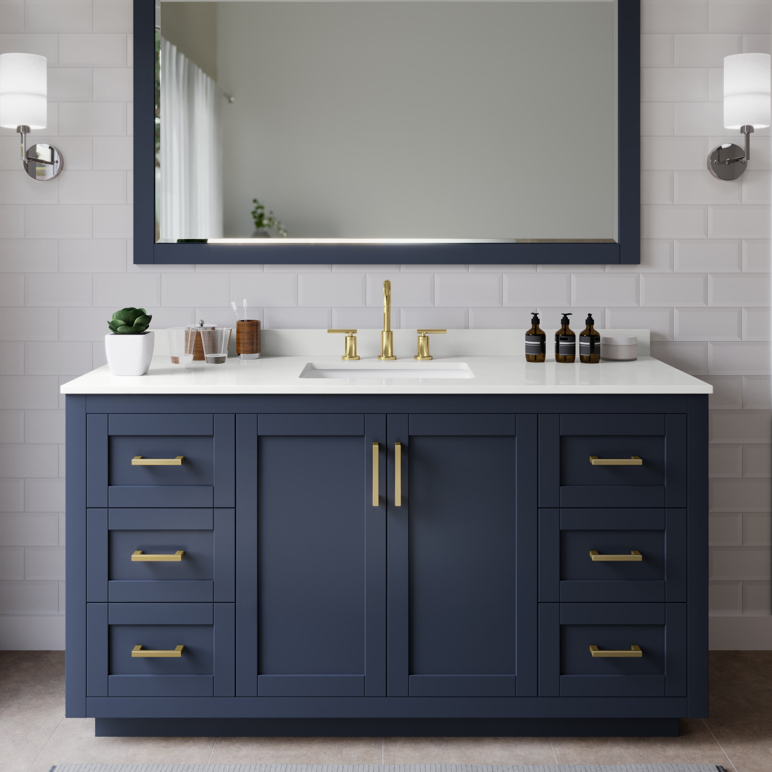 Wyndham Collection Miranda 60-in Dark Blue with Brushed Gold Trim Undermount Single Sink Bathroom Vanity with White Quartz Quartz Top
