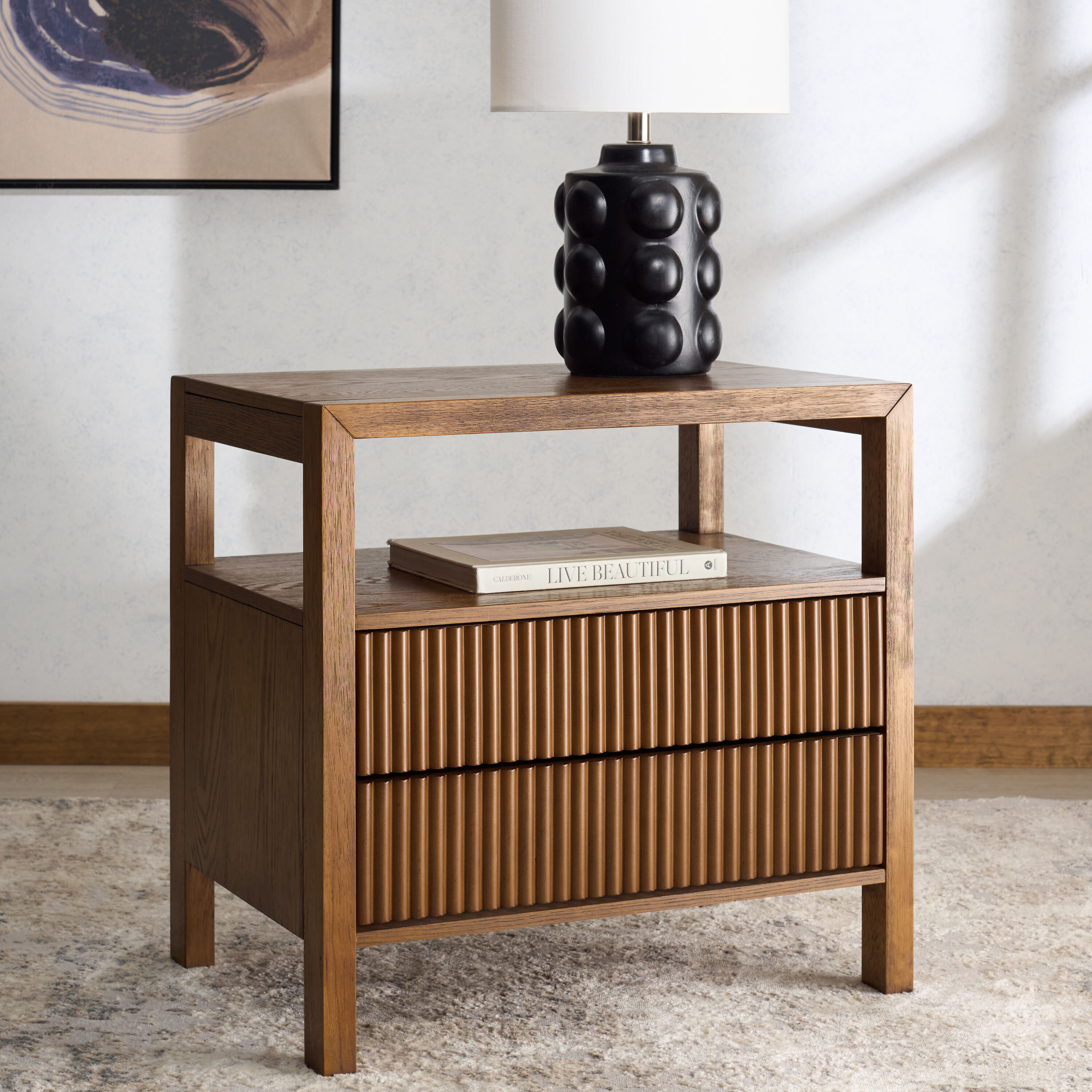 Safavieh SFV2205C Shelbie 2 Drawer Reeded Nightstand/Medium Oak
