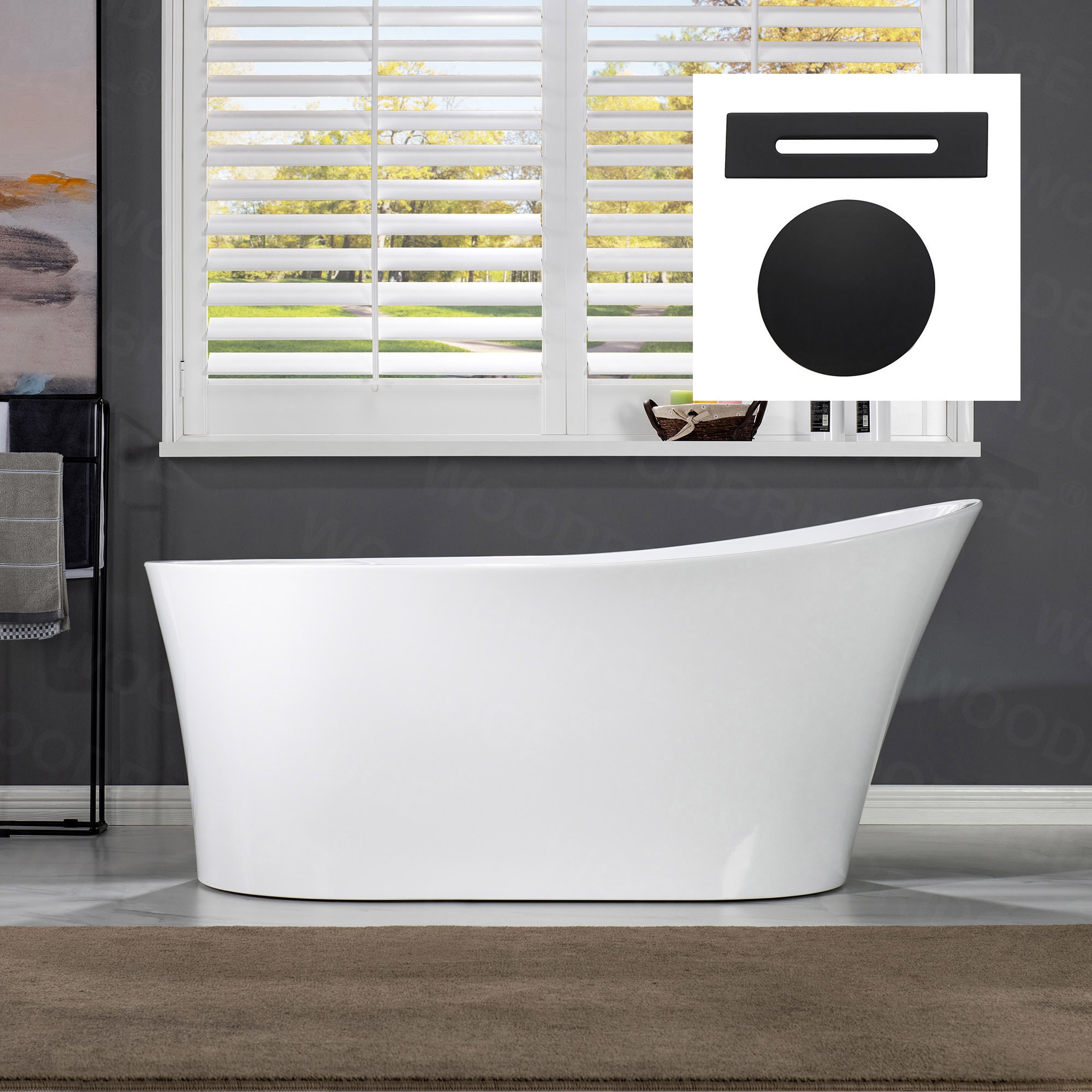 Lilyana 31.5-in x 67-in White with Matte Black Trim Acrylic Oval Freestanding Soaking Bathtub with Drain (Reversible Drain) | - Woodbridge LB239