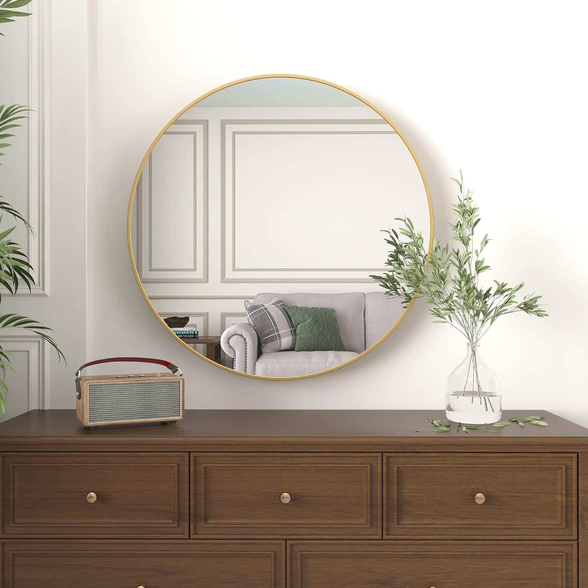 Afoxsos 32 inch round wall mirror gold metal frame large modern decorative mirror with shatterproof glass easy installation for bathroom living room