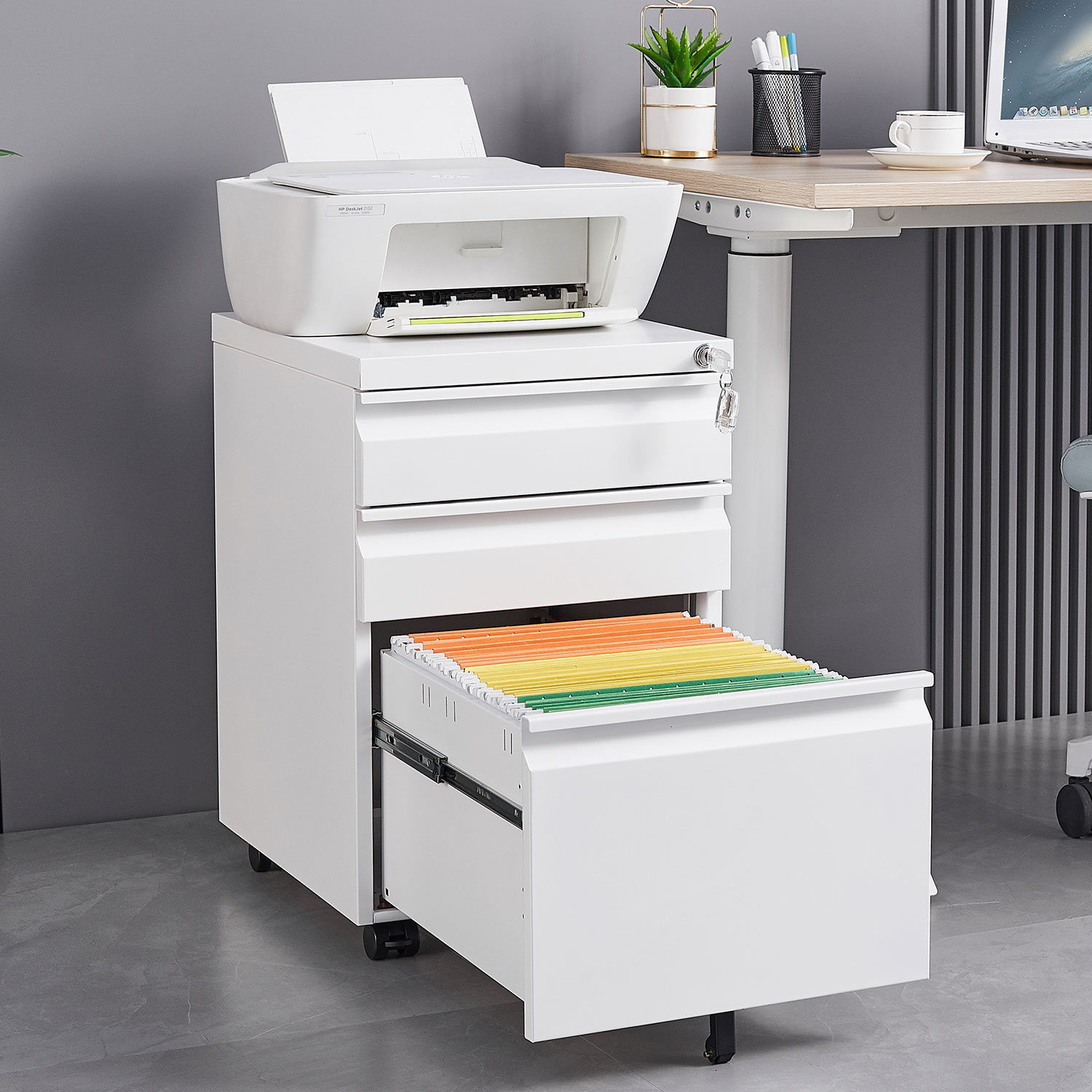 LOVMOR SF-Y-W1247P289797 3-Drawer Mobile Filing Cabinet with Lock Legal letter Sized Office Storage Filing Cabinet Metal Filing Cabinet in White
