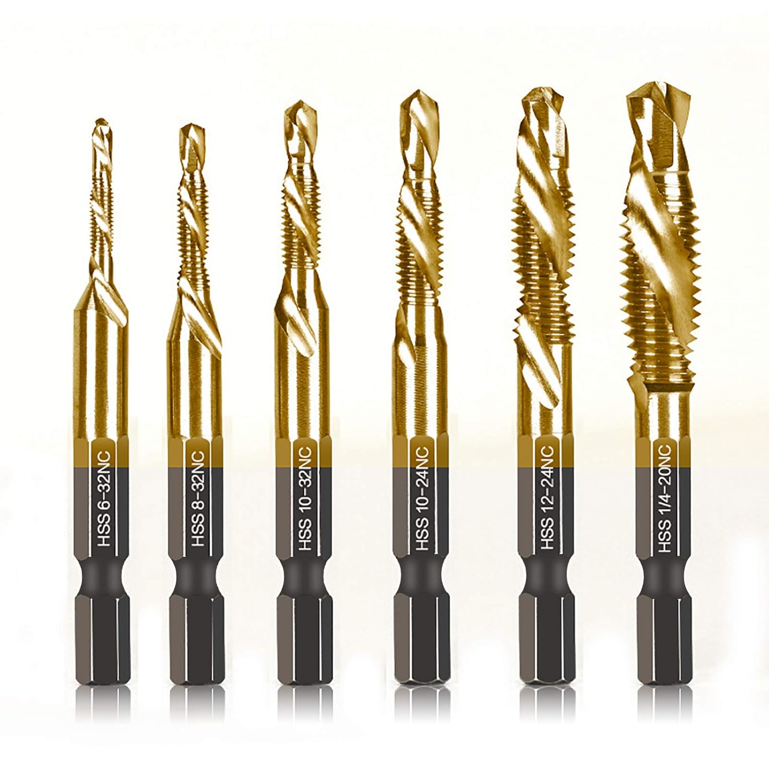 DKIBBITH 6-Piece Titanium Combination Drill Tap and Countersink Bit Set SAE Sizes 6-32NC 8-32NC 10-24NC 10-32NC 12-24NC 1/4-20NC with 1/4 Inch Hex Quick-Change Shank