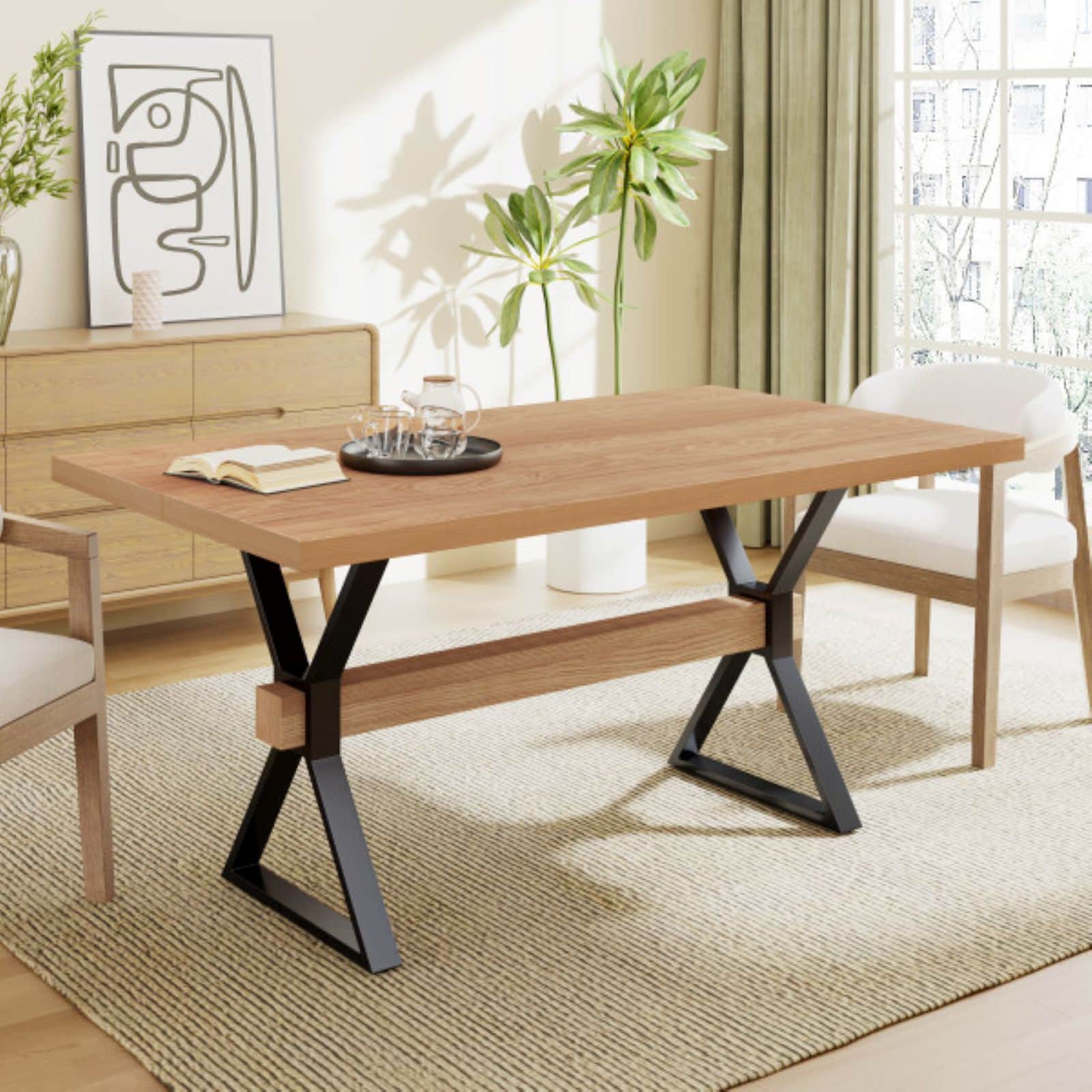 Mid-Century 63 in. Double Pedestal Rectangular Dining Table with Crossed Shaped Legs-Brown