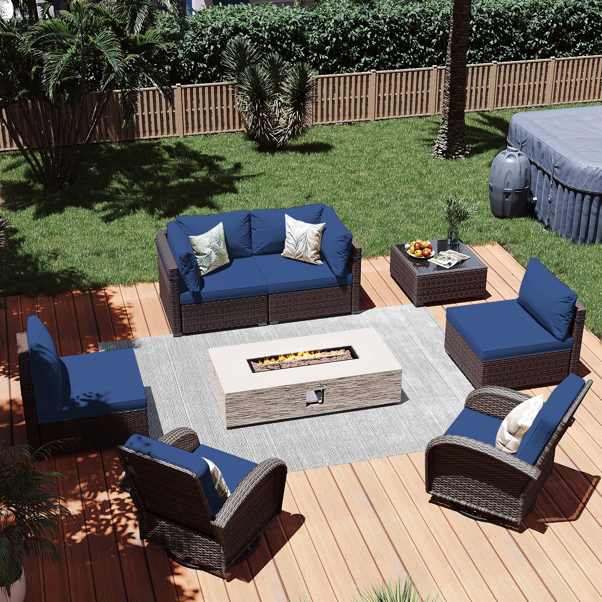 Patio Watcher LS-RT5Y11-56HWBE-B2 8 -Piece Rattan Patio Conversation Set with Blue Cushions