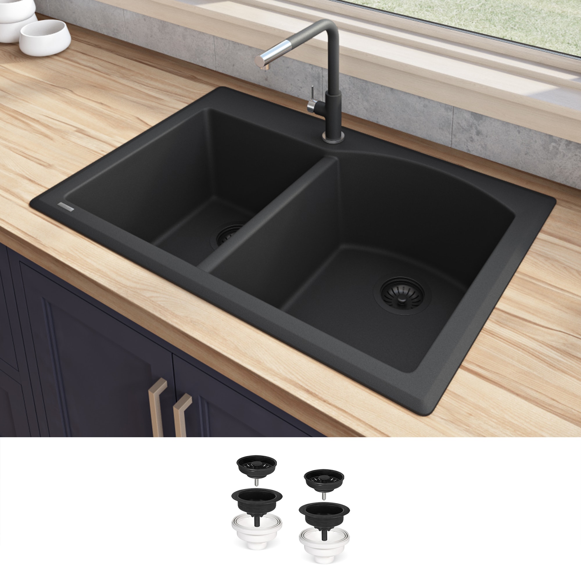 Midnight Black 33 x 22 Inch Granite Double Bowl Drop-In Sink
