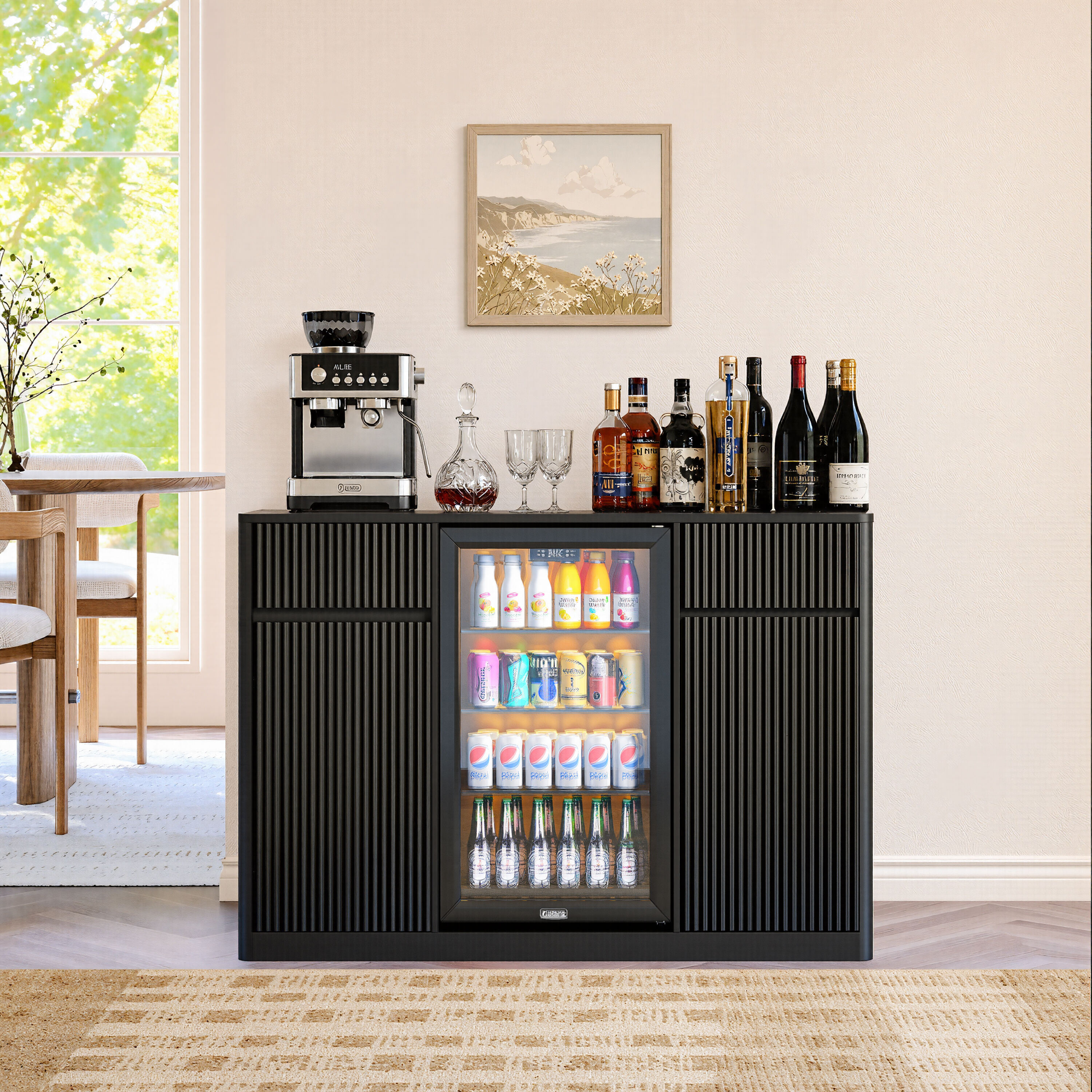 Vynxaria 53.15-Inch 2-Door Fluted Black Fridge Bar Cabinet