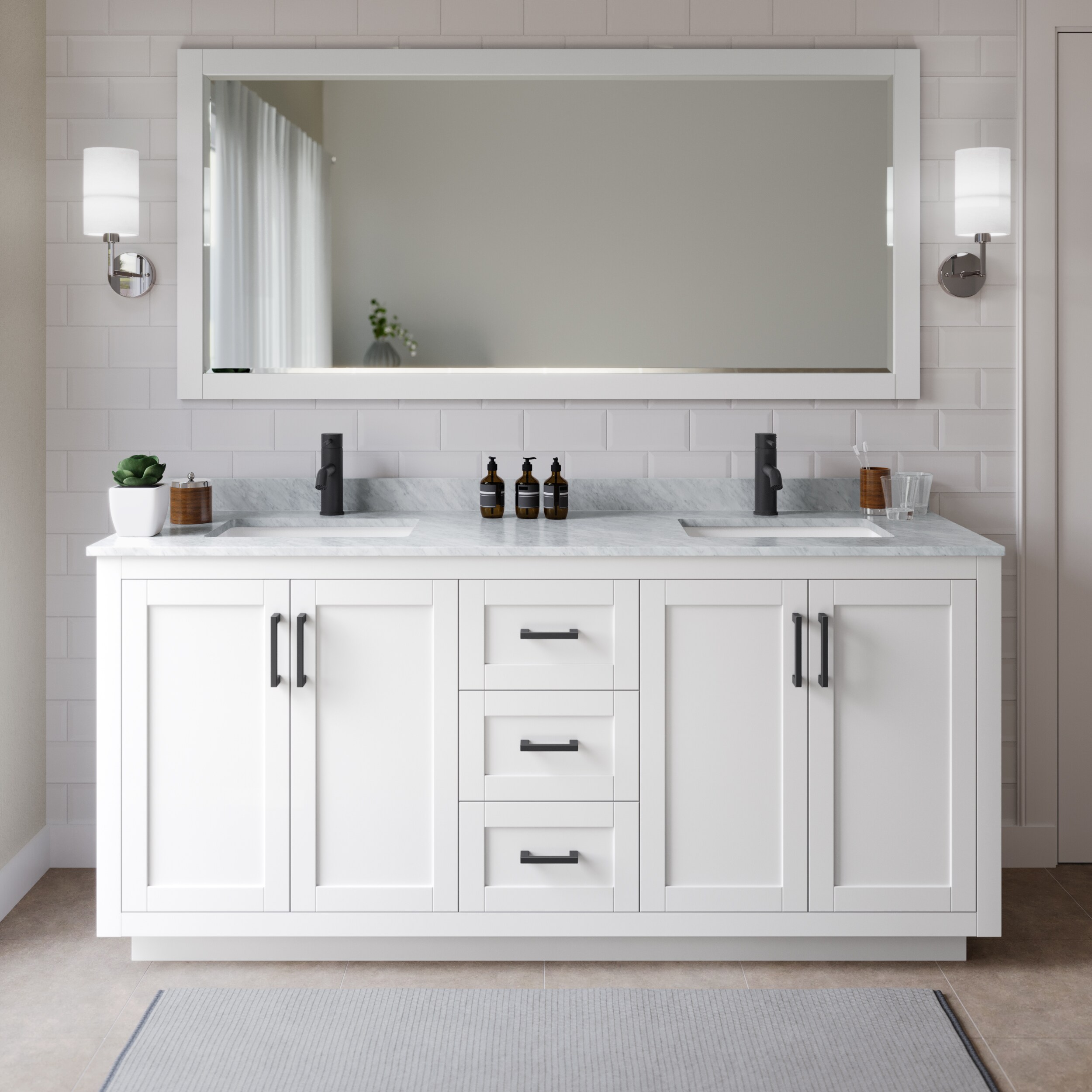 Wyndham Collection WCF292972DWBCMUNSMXX Miranda 72-in White with Matte Black Trim Undermount Double sink Bathroom Vanity with White Carrara Marble Marble Top
