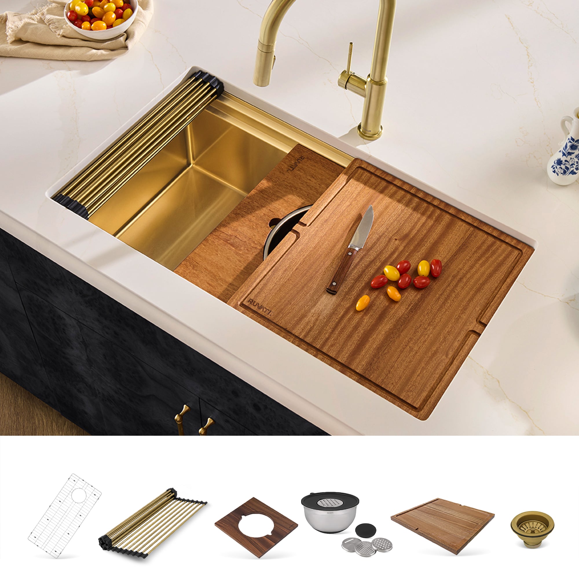 Ruvati RVH6222GG Dual-Tier Undermount 33.5-in x 19-in Stainless steel Single bowl 16 -Gauge Workstation Kitchen Sink