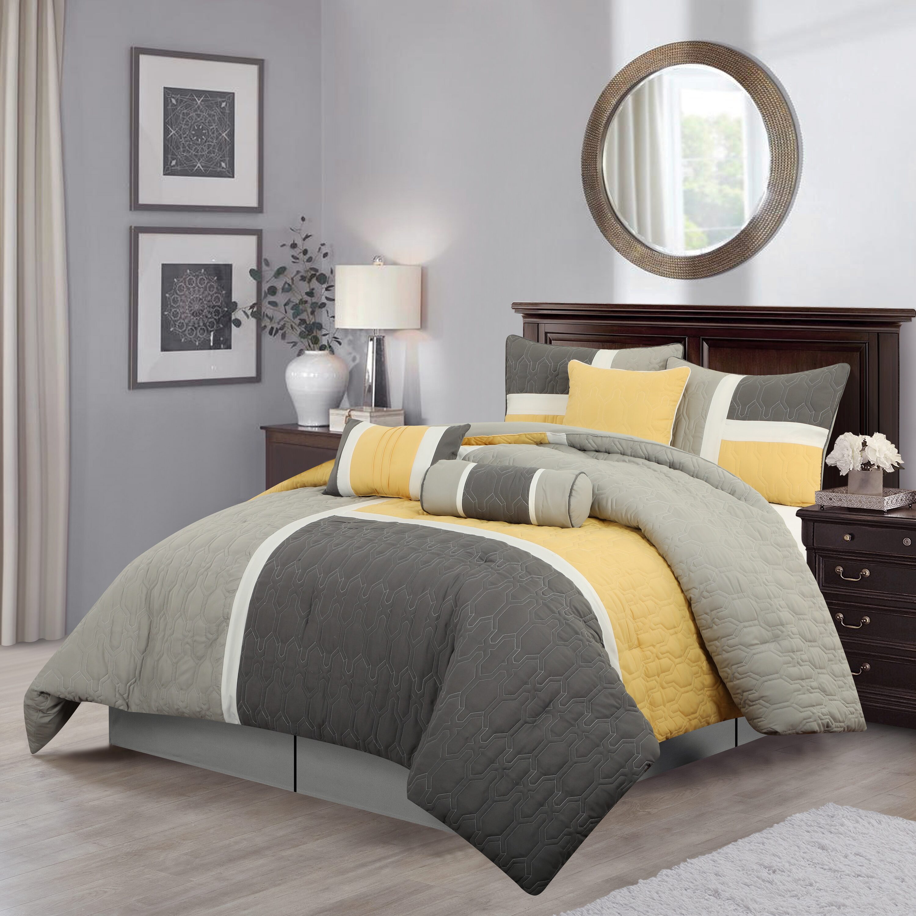 Nanshing NATALIA7-K-YL Natalia 7 -Piece Grey/Yellow King Comforter Set