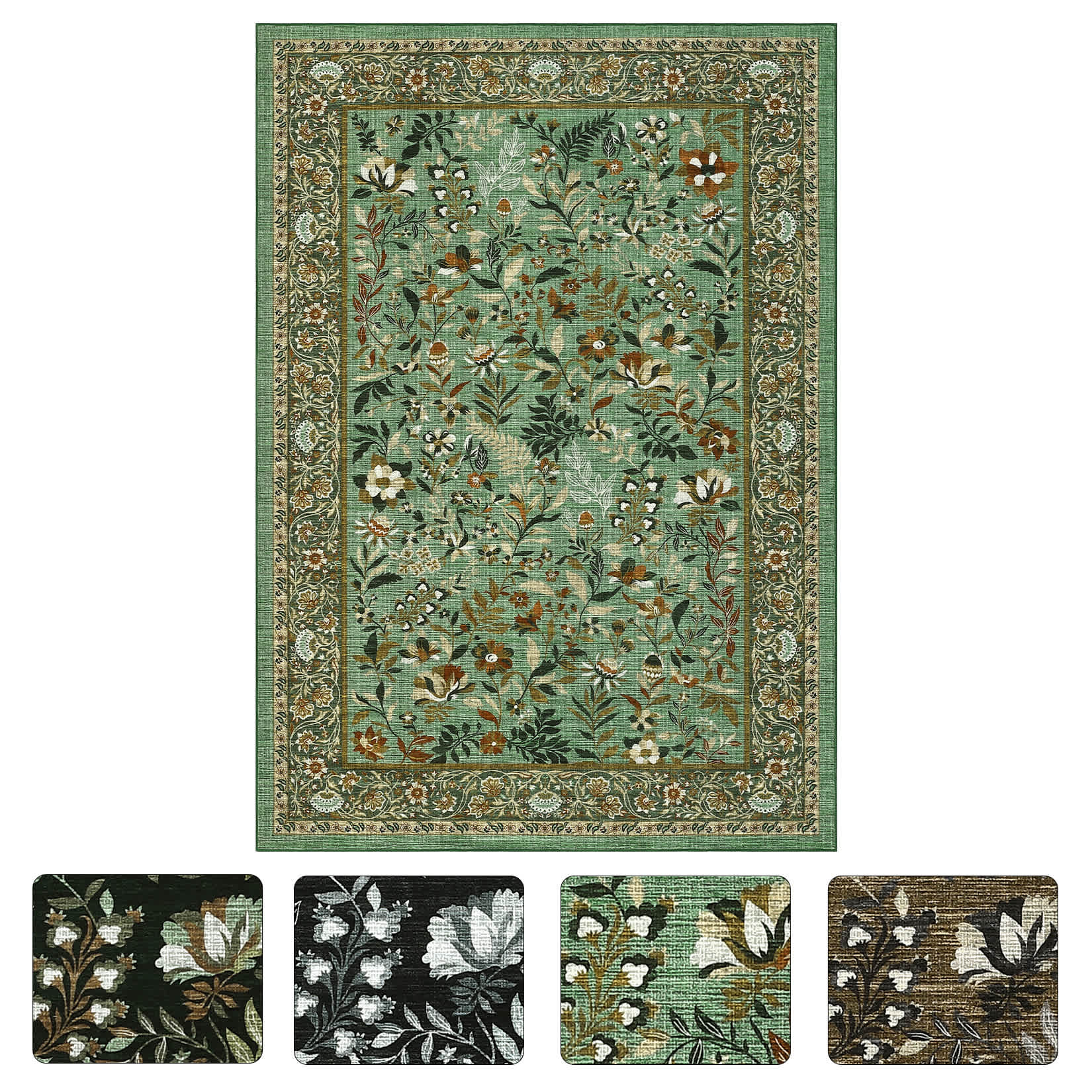 Qeetex LSN-PHK-34RLWPW6 9 x 12 ft Polyester Light Green Rectangular Hallway Bathroom Entryway Kitchen Office Foldable Flower Printed Modern Washable Area Rug
