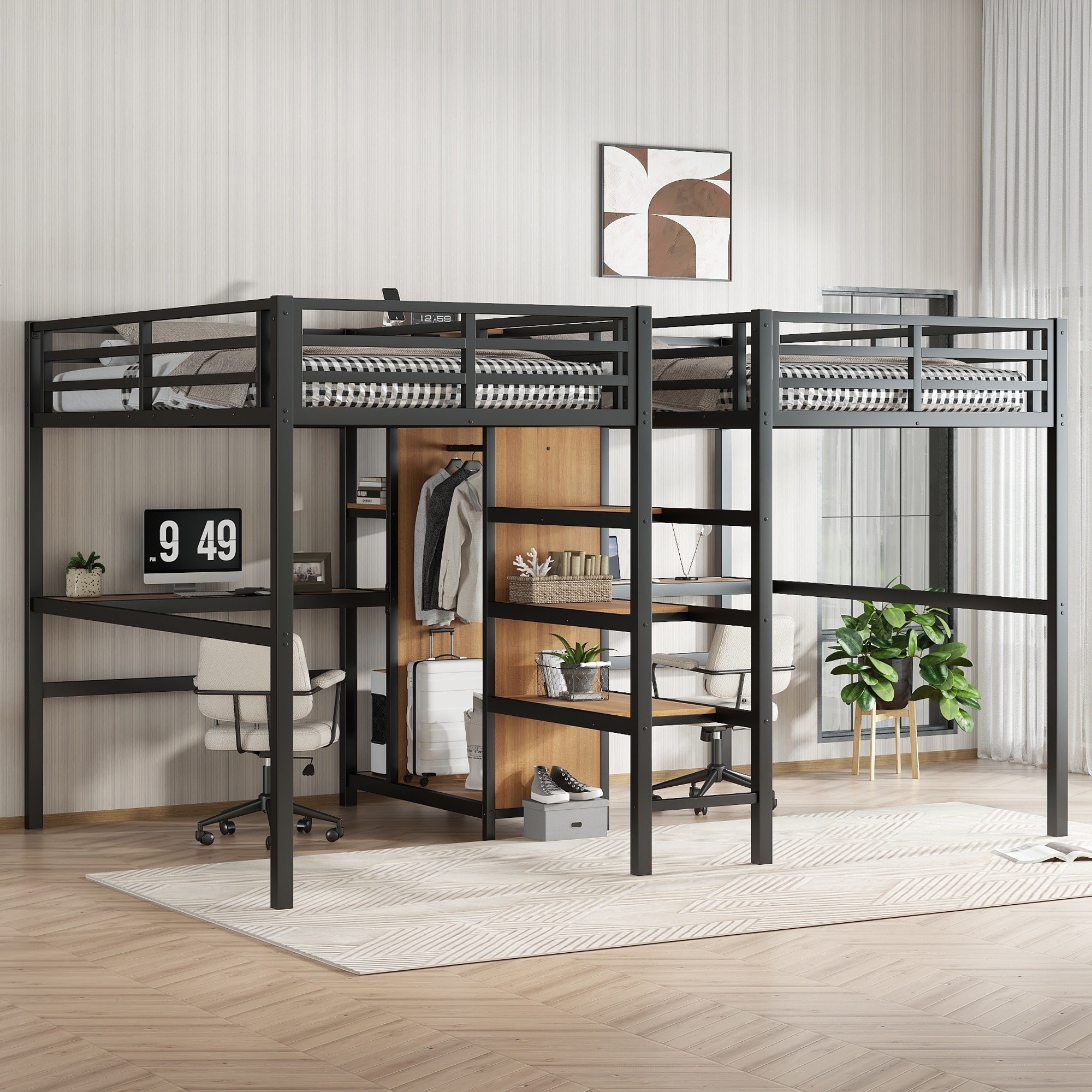 Horizons Prime Twin Woodgrain Metal Loft Bed with Double Desk and Wardrobe and Shelves with Electrical Outlet for Space Saving and Noise Reduction