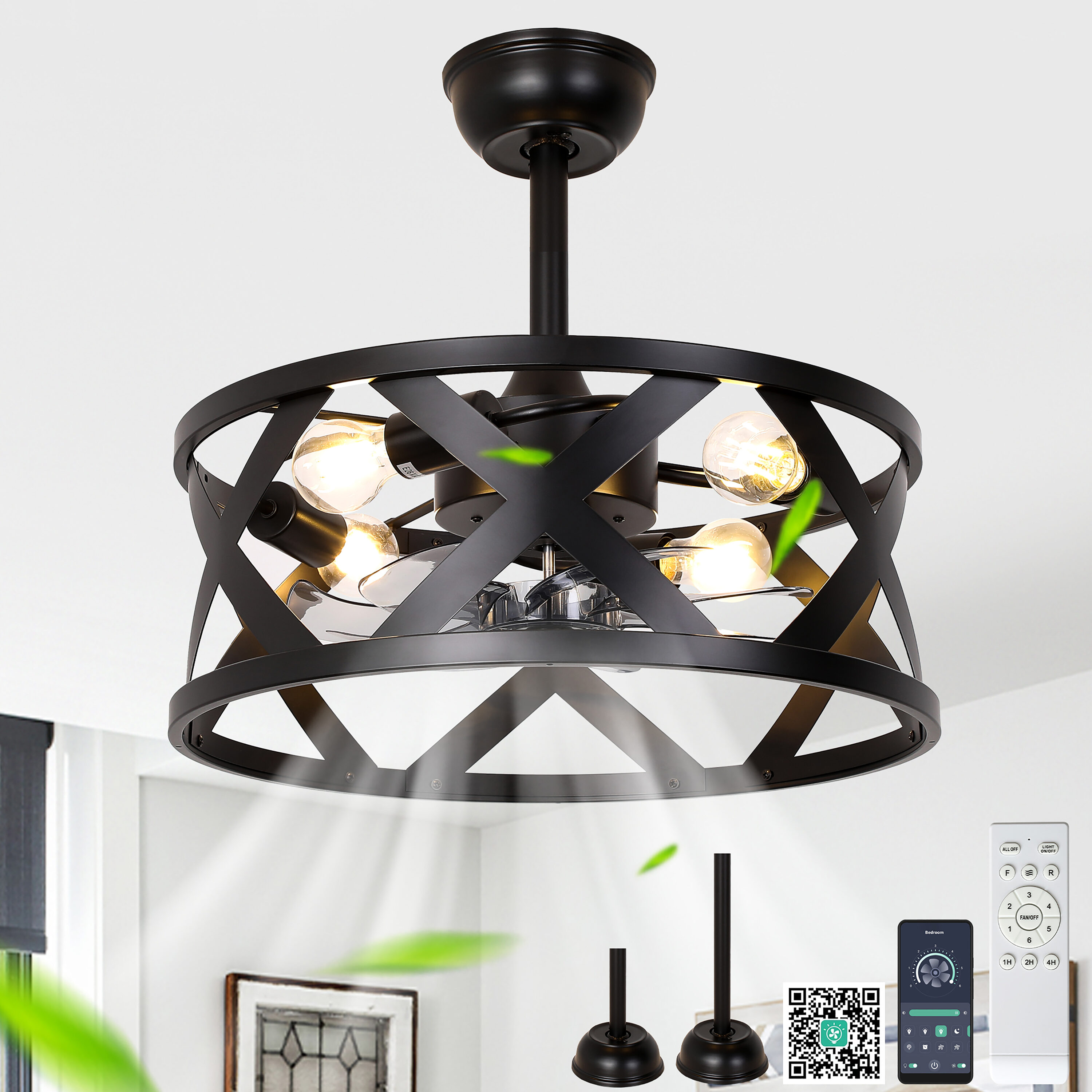 Cusp Barn Couce 20-in Black with ABS Blades Smart Fandelier Ceiling Fan Without Light and Remote Control Included 7 -Blade