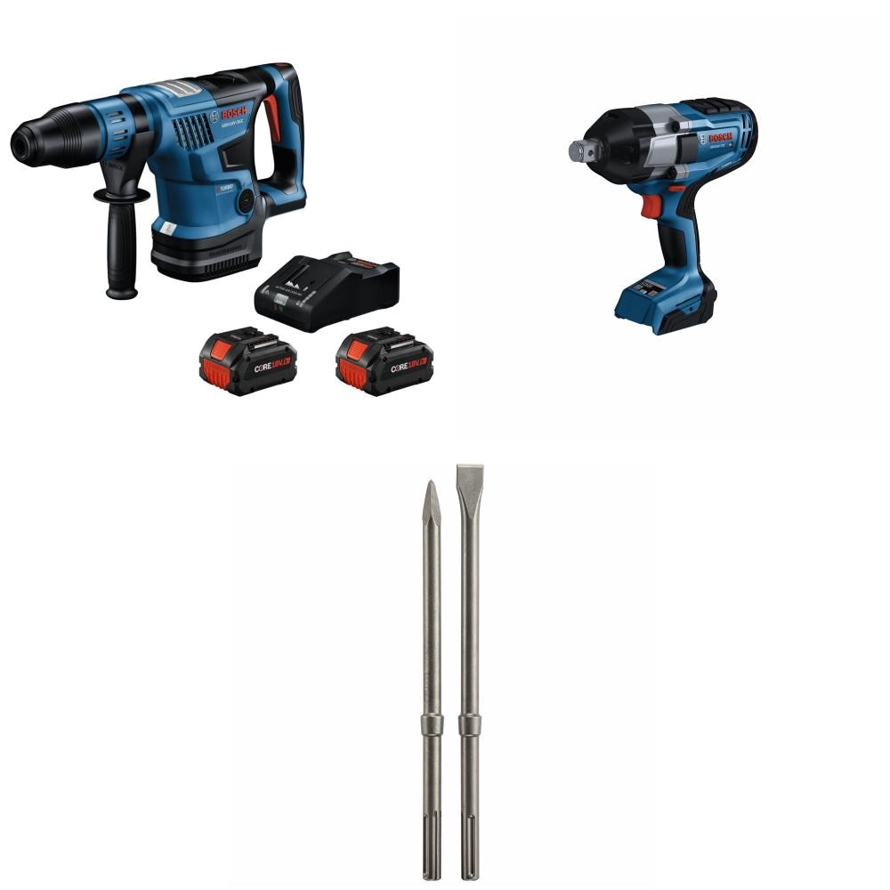 Bosch  PROFACTOR™ 18V Connected-Ready SDS-max® 1-9/16 In. Rotary Hammer Kit with (2) CORE18V® 8 Ah High Power Batteries, PROFACTOR™ 18V 3/4 In. Impact Wrench with Friction Ring and Thru-Hole (Bare Tool) and SDS-max® 2-Pack Hammer Steel Masonry Chisel Set
