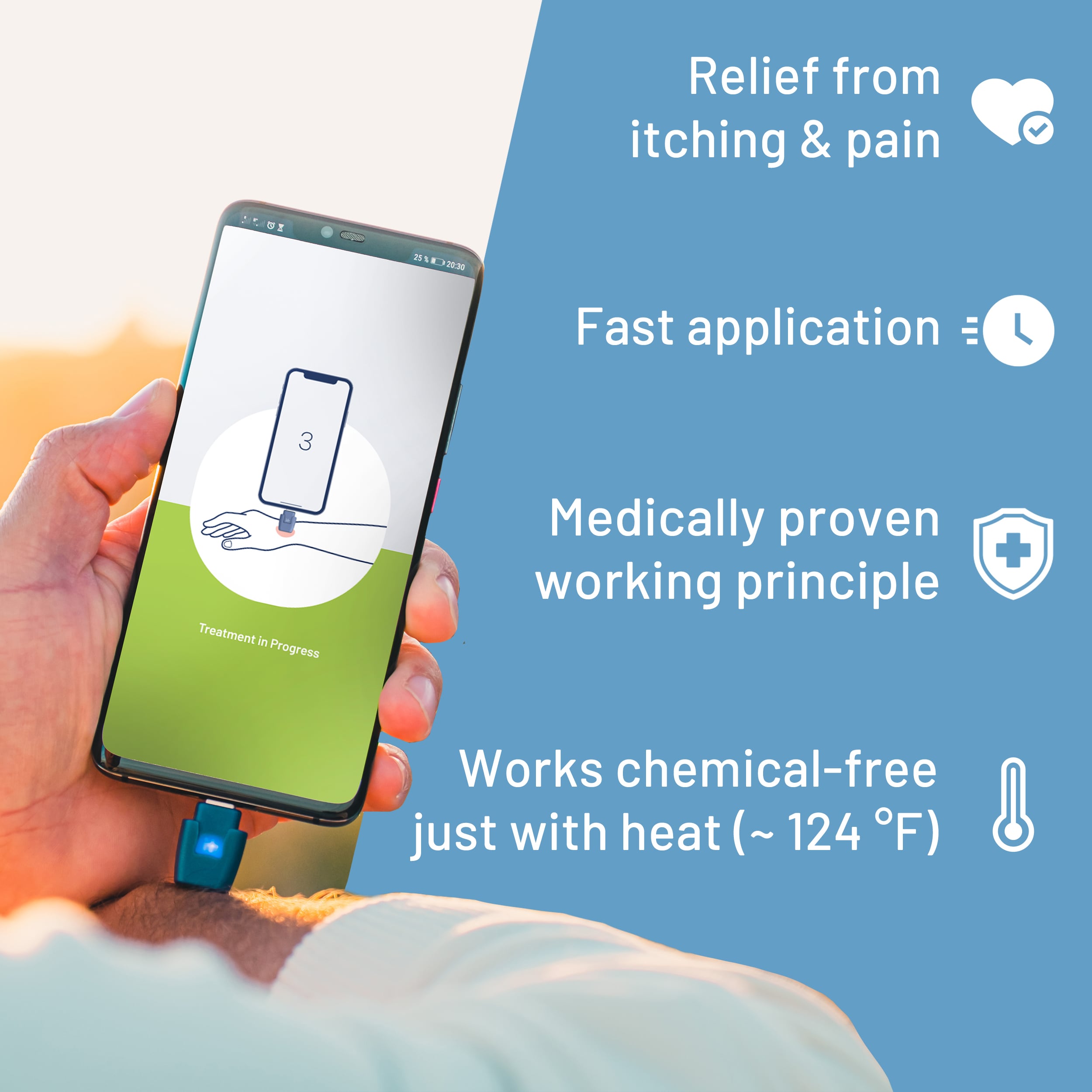 heat it Smartphone-Powered Insect Bite Relief Device Blue Skin