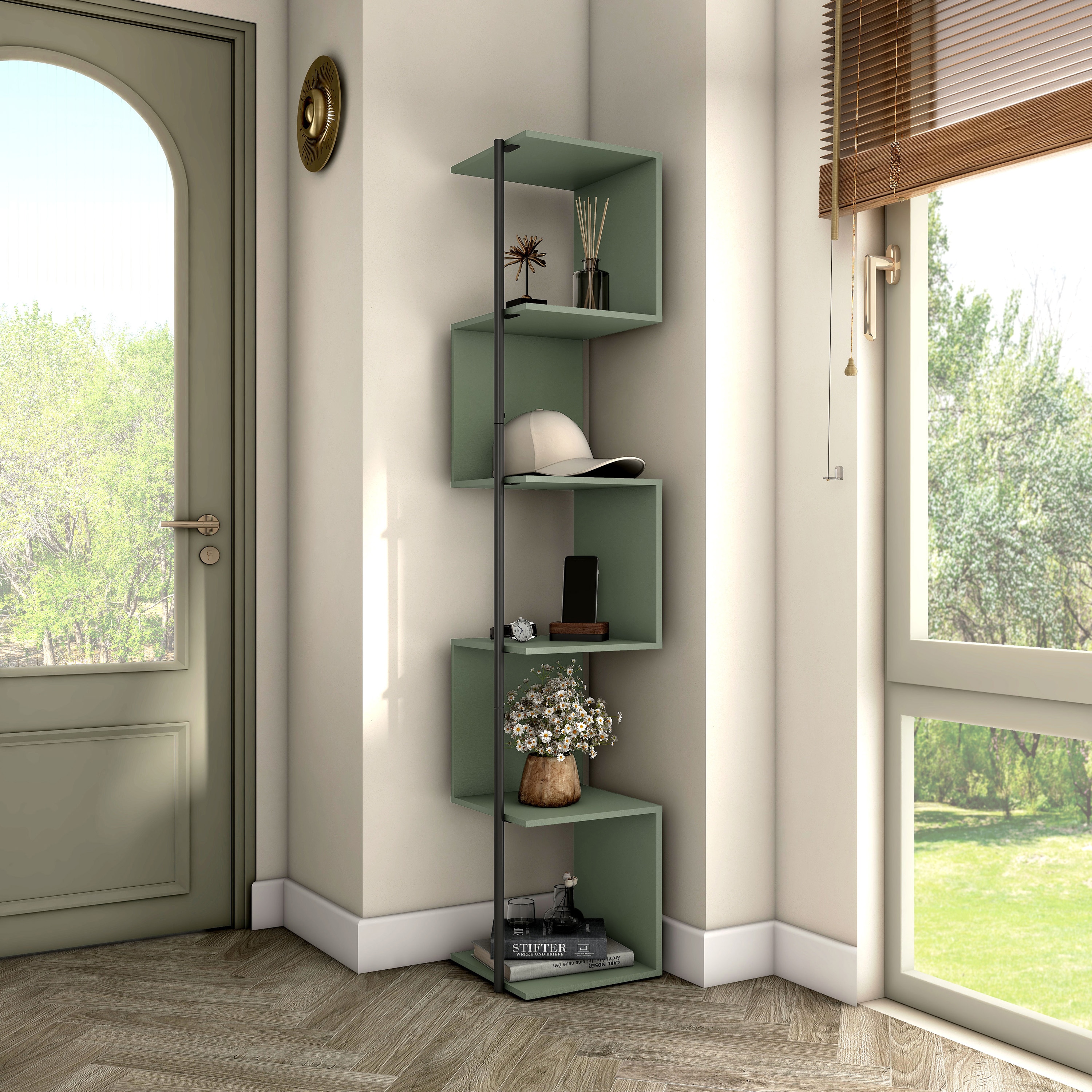 Furniture of America IDI-233166 Yaztra Sage Green, Black Composite 5 -Shelf Corner Bookcase ( 11.75-Inches W x 63.25-Inches H x 11.75-Inches D ) Finished