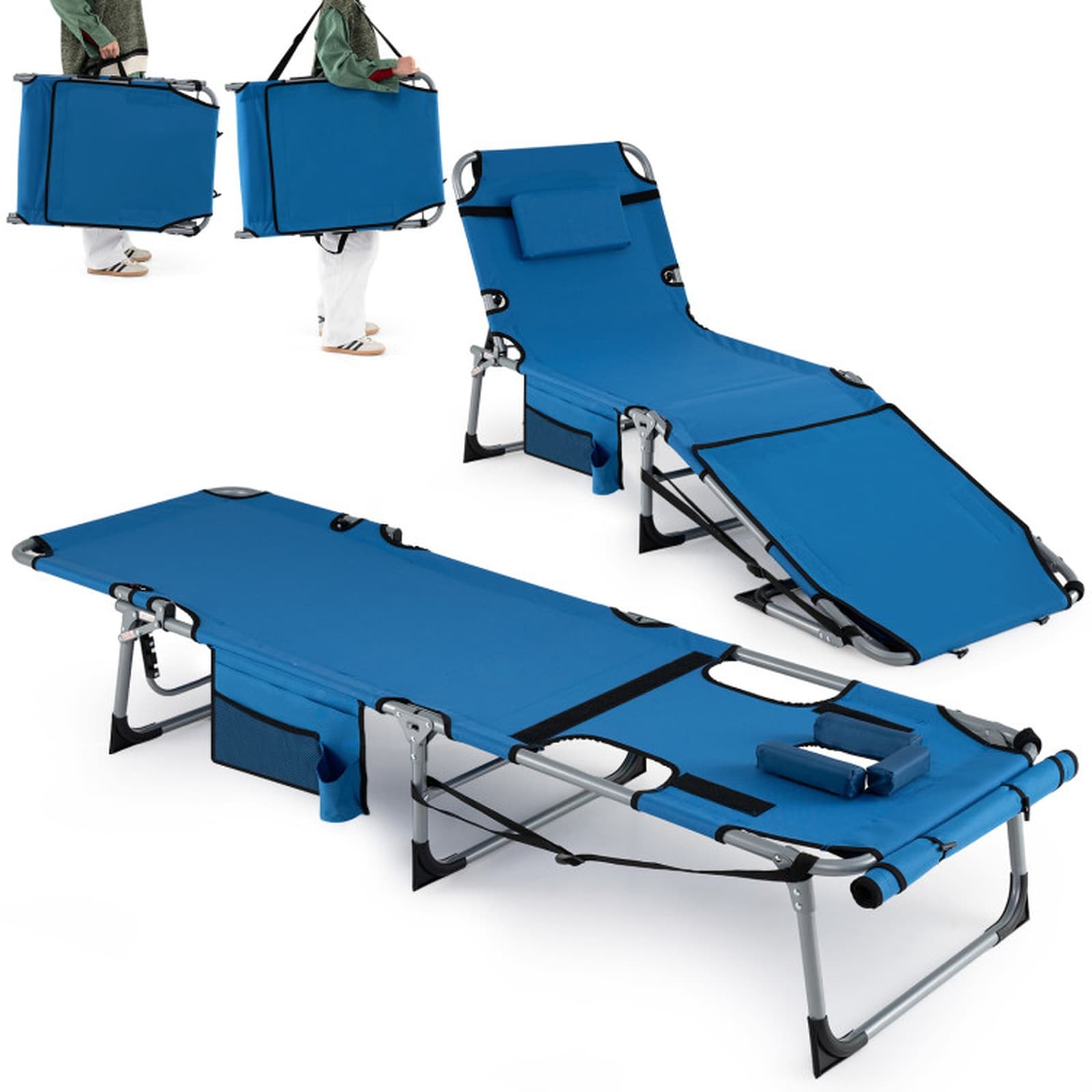 SUGIFT 2-pc Tanning Chair Set Folding Chaise Lounge with Face and Arm Holes 4-Level Adjustable Backrest 330-lb Capacity Beach Patio Recliner Blue