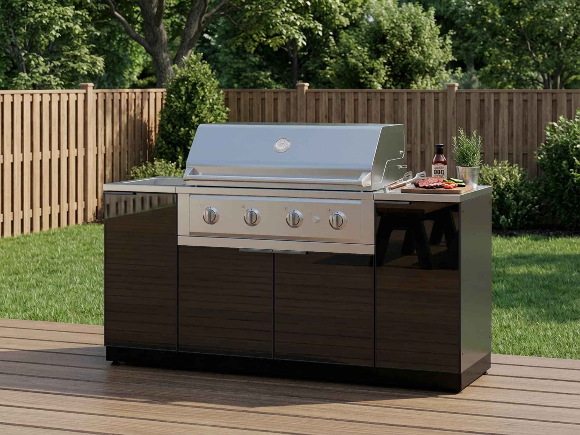 NewAge Products Classic Series 72-in W Modular Outdoor Kitchen Grill island with 4 -Burners Gas Grill, Powder-coated aluminum Black Tempered glass panel Door
