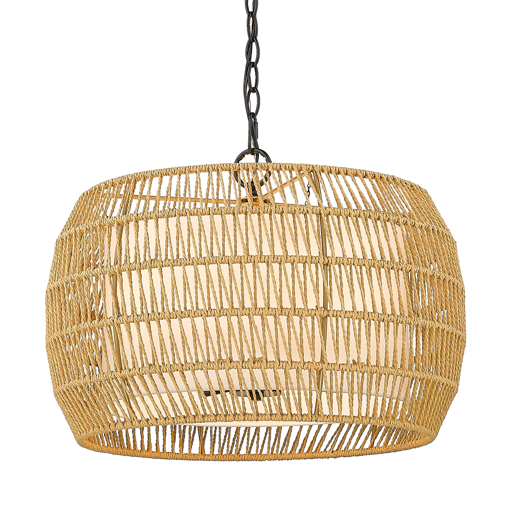 Everly Matte Black Drum Chandelier with Handwoven Rattan Detail