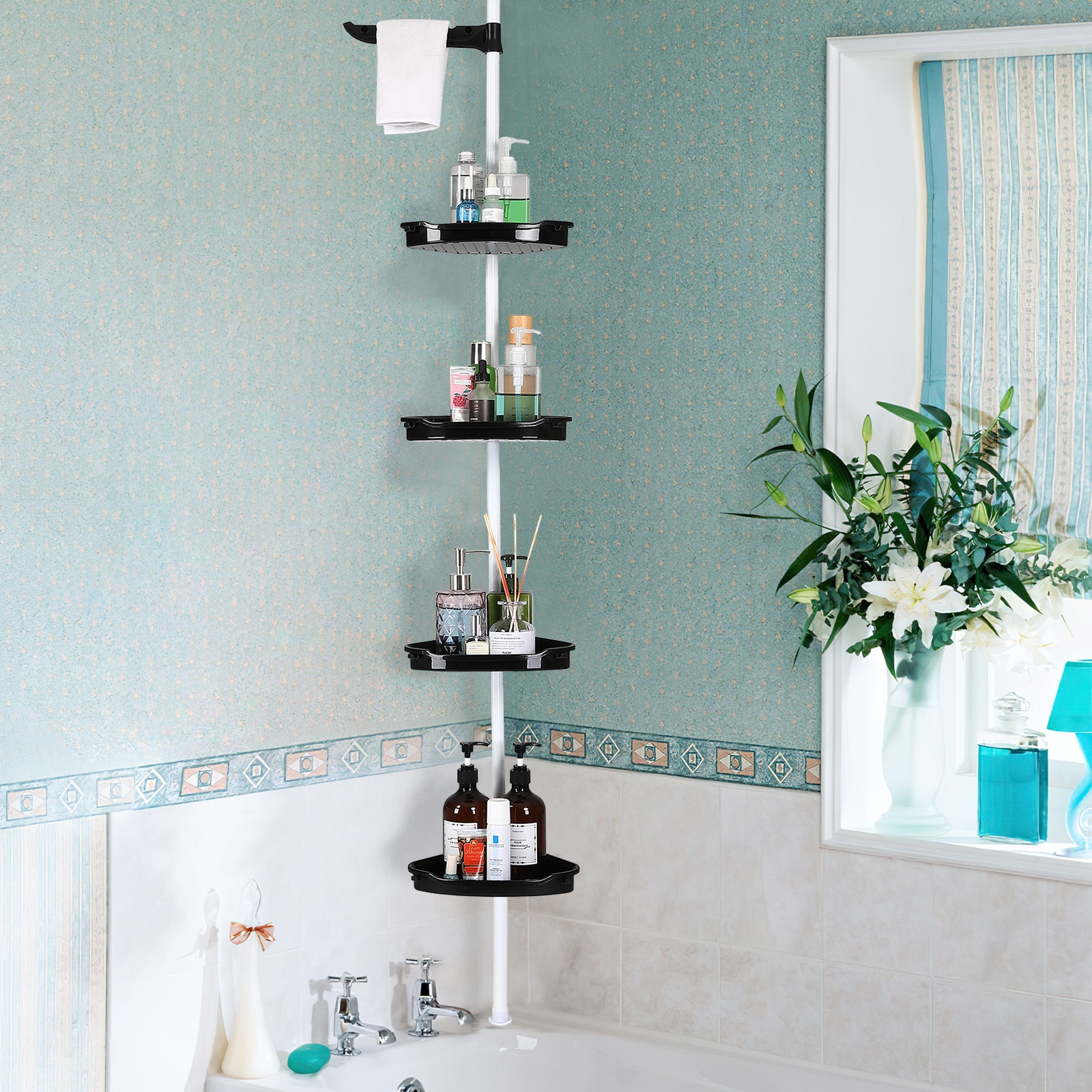 GarveeLife No Drill Corner Shower Tension Pole Caddy Rust Resistant Bathroom Storage Rack 4 Adjustable Shelves Rubber Feet 102 to 122 in Height White Tube Black Plate #CD9AWYEF18WYR2XGW