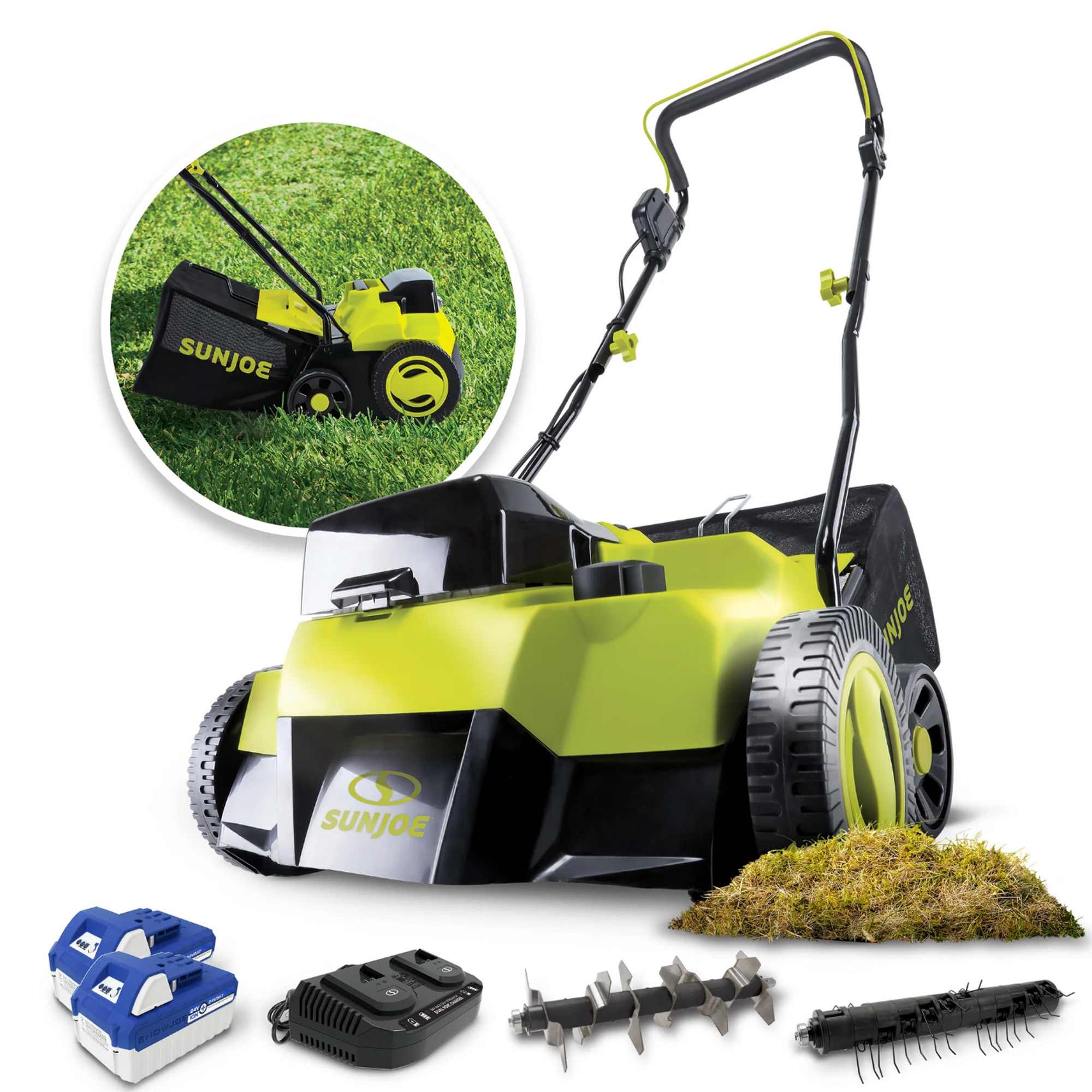 Sun Joe Cordless Scarifier and Dethatcher Brushless Motor 2 24V 4.0Ah Batteries #414132