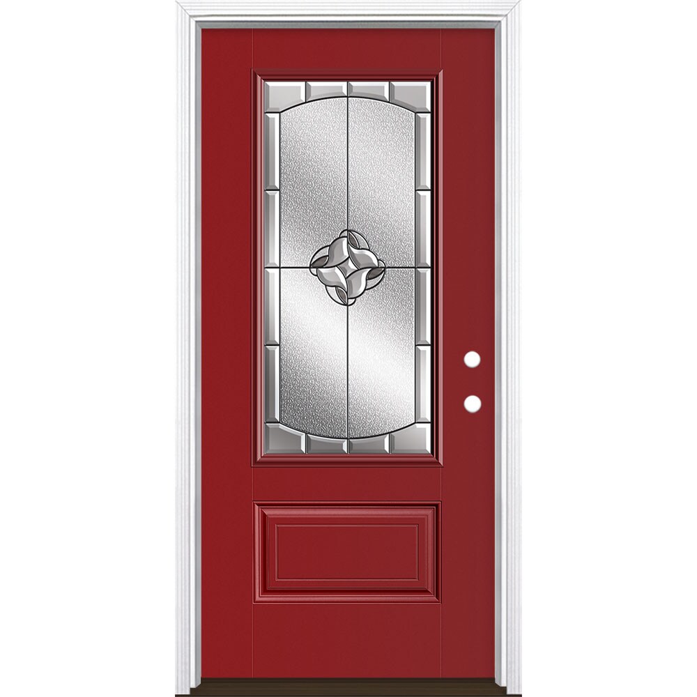 Masonite 3423025 Rozet 36-in x 80-in x 4-9/16-in Fiberglass 3/4 lite Left-hand inswing Roma Red Painted Prehung Single door Front Door with Brickmould Insulating core Decorative glass
