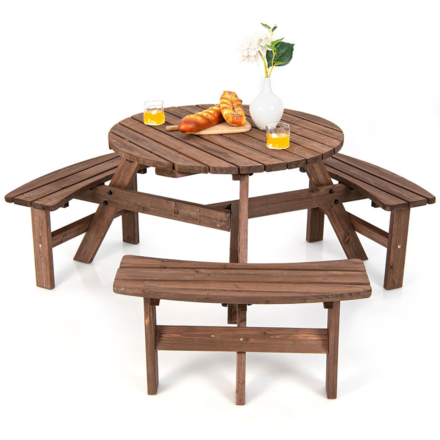 GZMR HOJO-8622-WH 6 Person Wooden Picnic Table Set with Bench and Umbrella Hold 4 -Piece Brown Patio Dining Set Wood Round Table with 3 Stationary Chairs