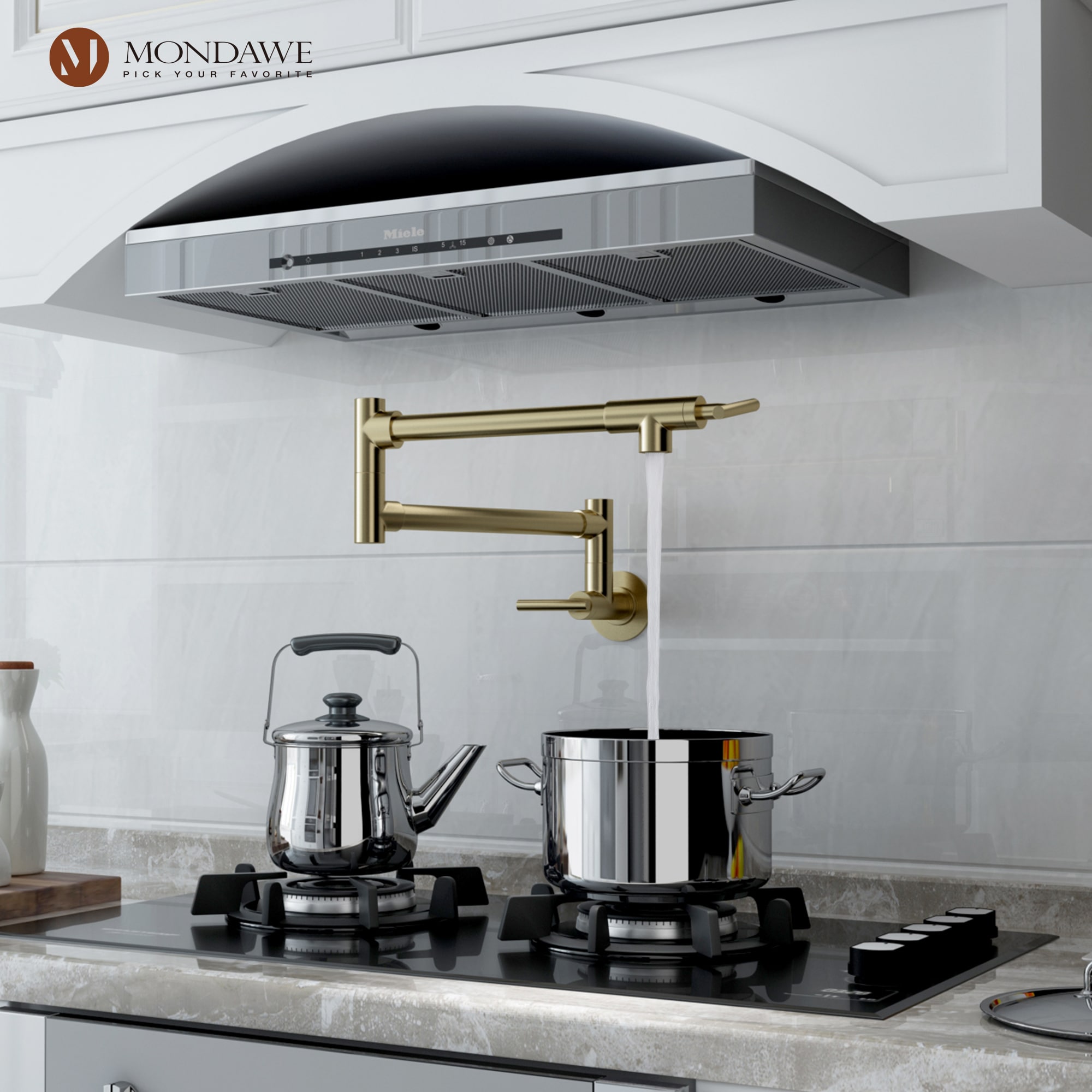 Mondawe Brushed Gold 2-handle Wall-mount Pot Filler Kitchen Faucet