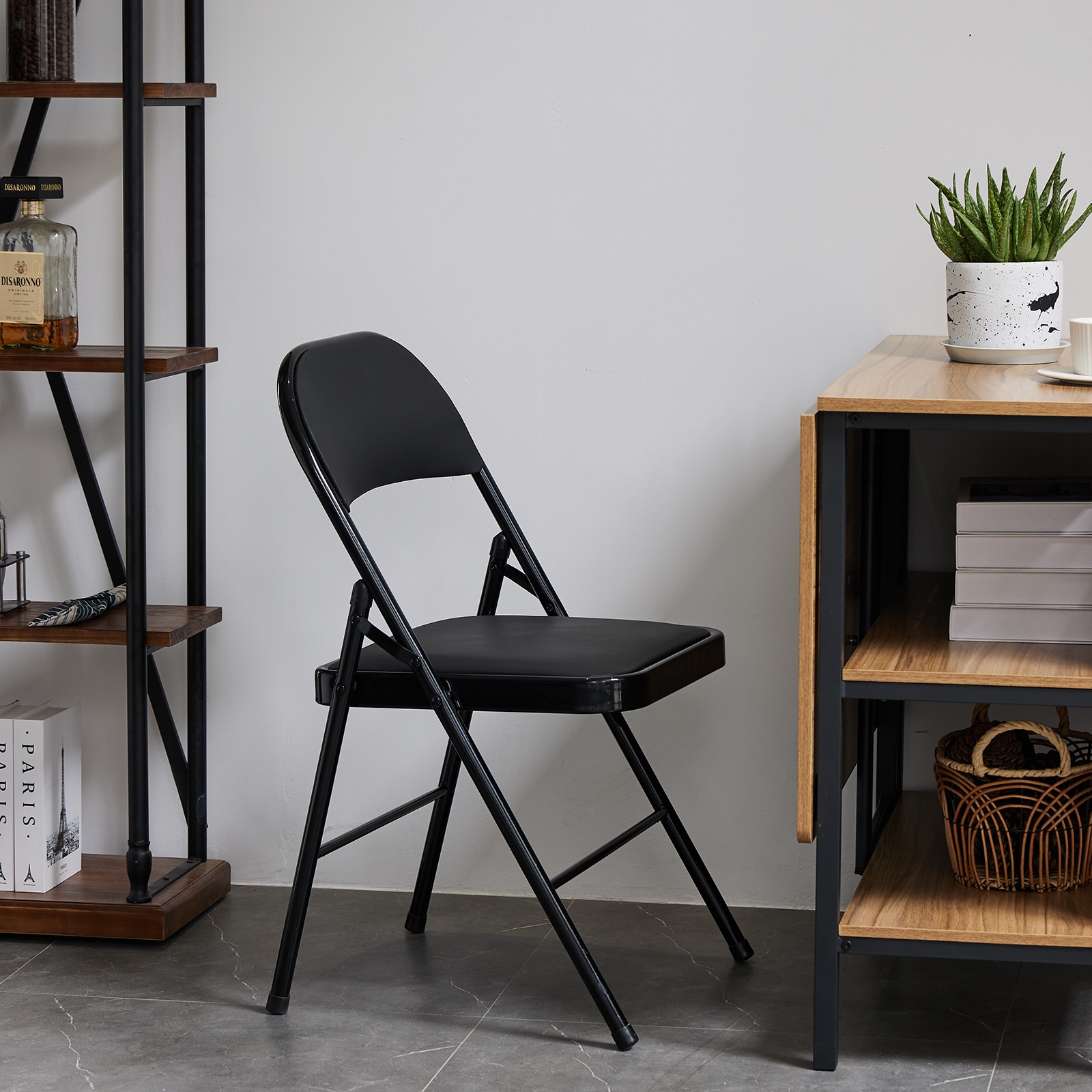 Black Steel Folding Dining Chairs with Padded Seats, Set of 4