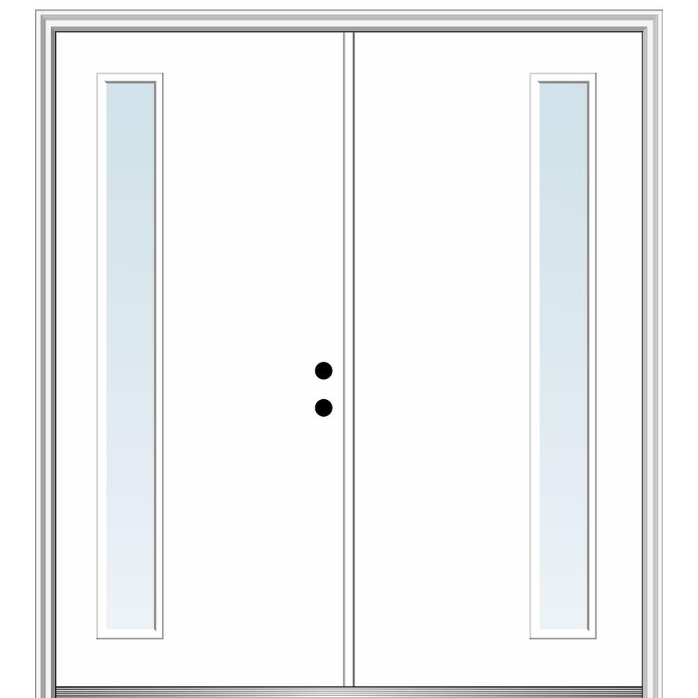 MMI DOOR ZZ345960L Spotlights 64-in x 80-in x 4-9/16-in Fiberglass Pulse lite Left-hand inswing Brilliant White Painted Prehung Double Front Door with Brickmould Insulating core
