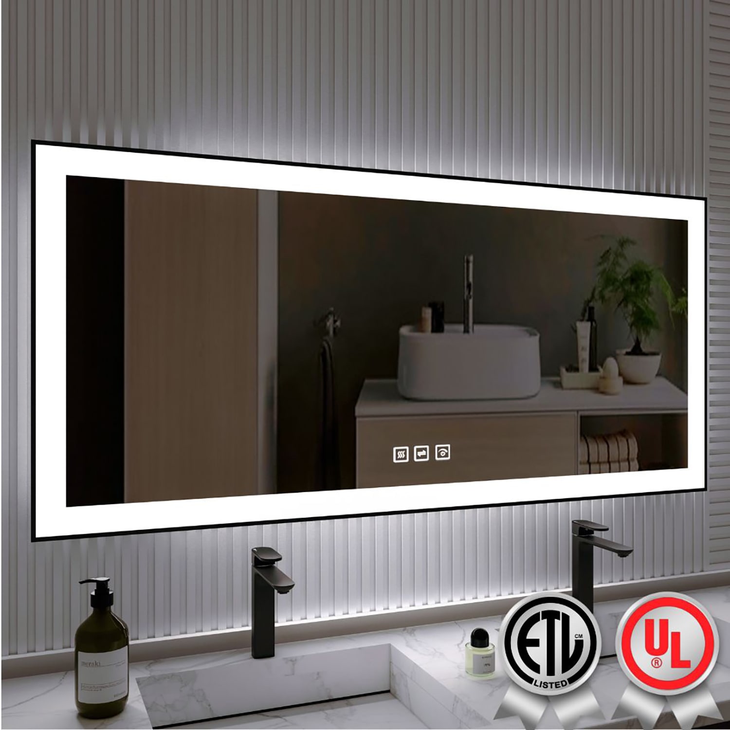 waterpar WPLO-2046 Backlit+Frontlit Aluminum 60-Inches x 28-Inches Framed Rectangle Dimmable Lighted Fog Free Bathroom Vanity Mirror ( Black )