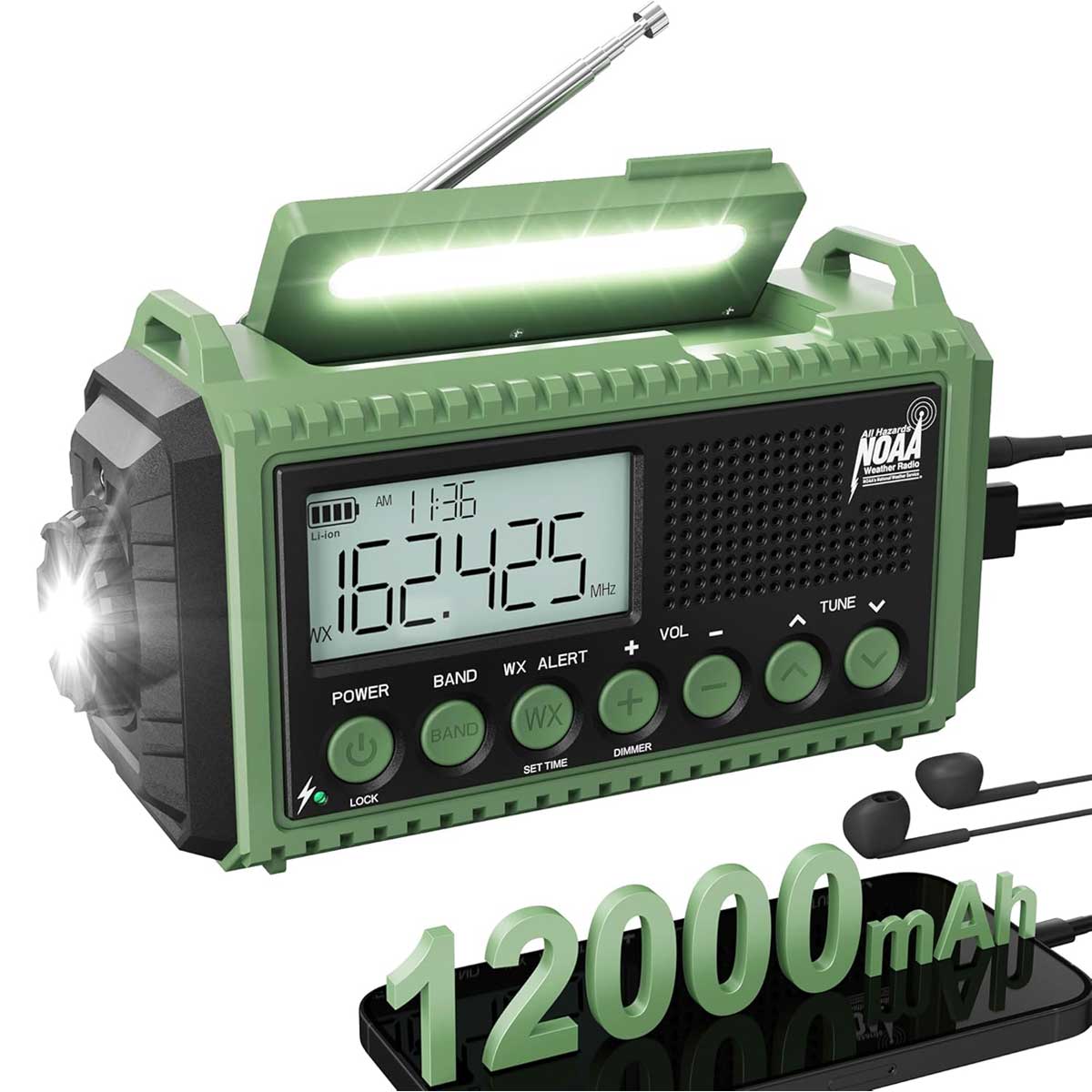 Aoibox LAWR0917038 12000mAh Emergency Radio AUTO NOAA Weather Alert Solar Hand Crank AM FM SW NOAA Flashlight Phone Charger SOS Siren Survival Kit