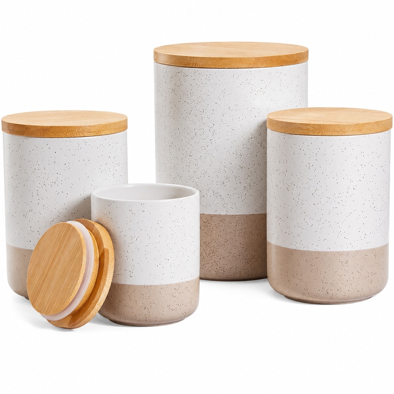 Etokfoks 4 Piece Ceramic Canister Set with Airtight Wood Lids Spoons and Labels Matte Cream #LET88QZSP