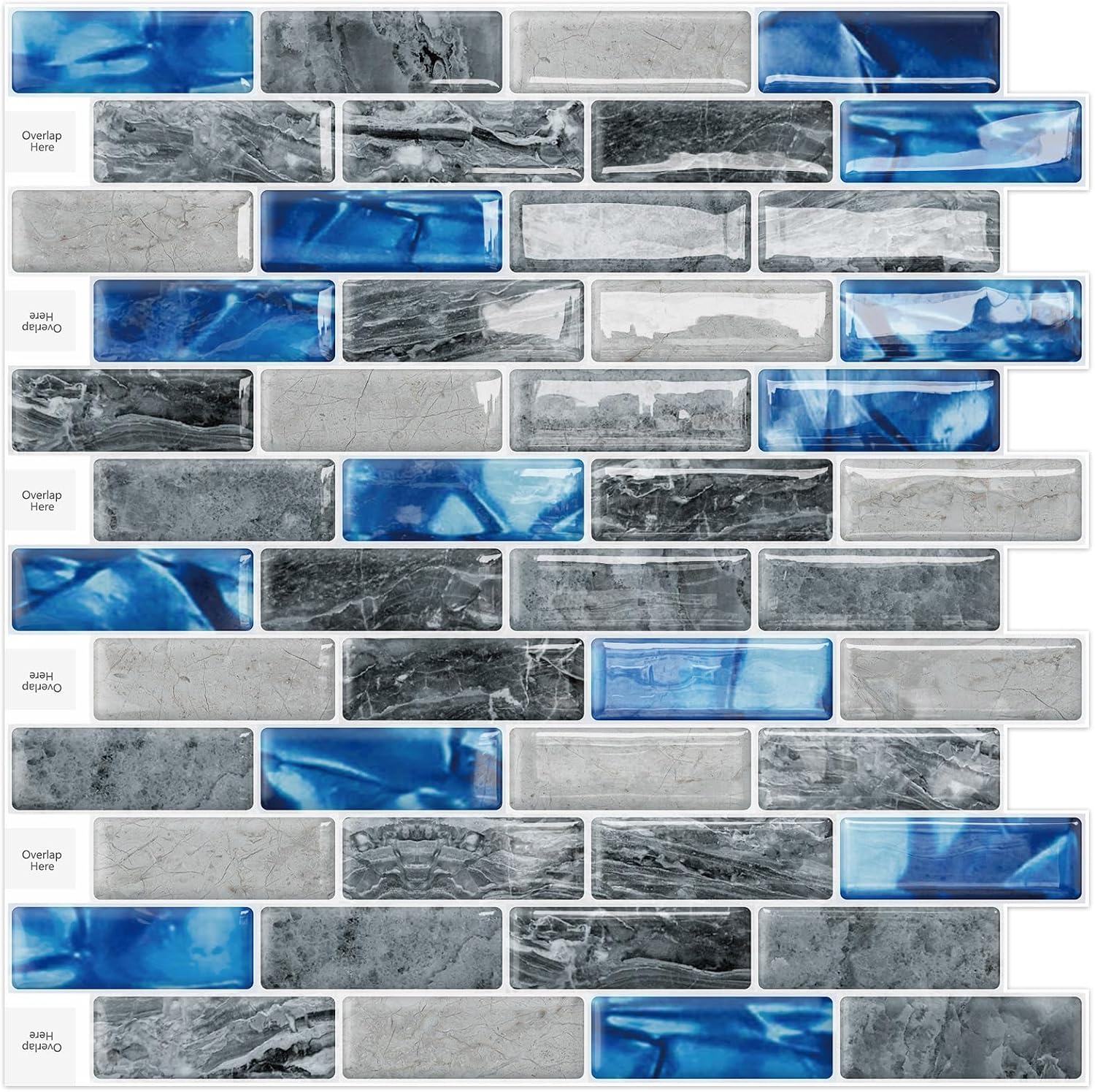 MaseiKar Blue Peel and Stick Tiles Kitchen Backsplash 10 Sheets 12 x 12 Inch 3D Self Adhesive Wall Marble Tile for Kitchen Bathroom and Sink Sapphire Sticky Vinyl