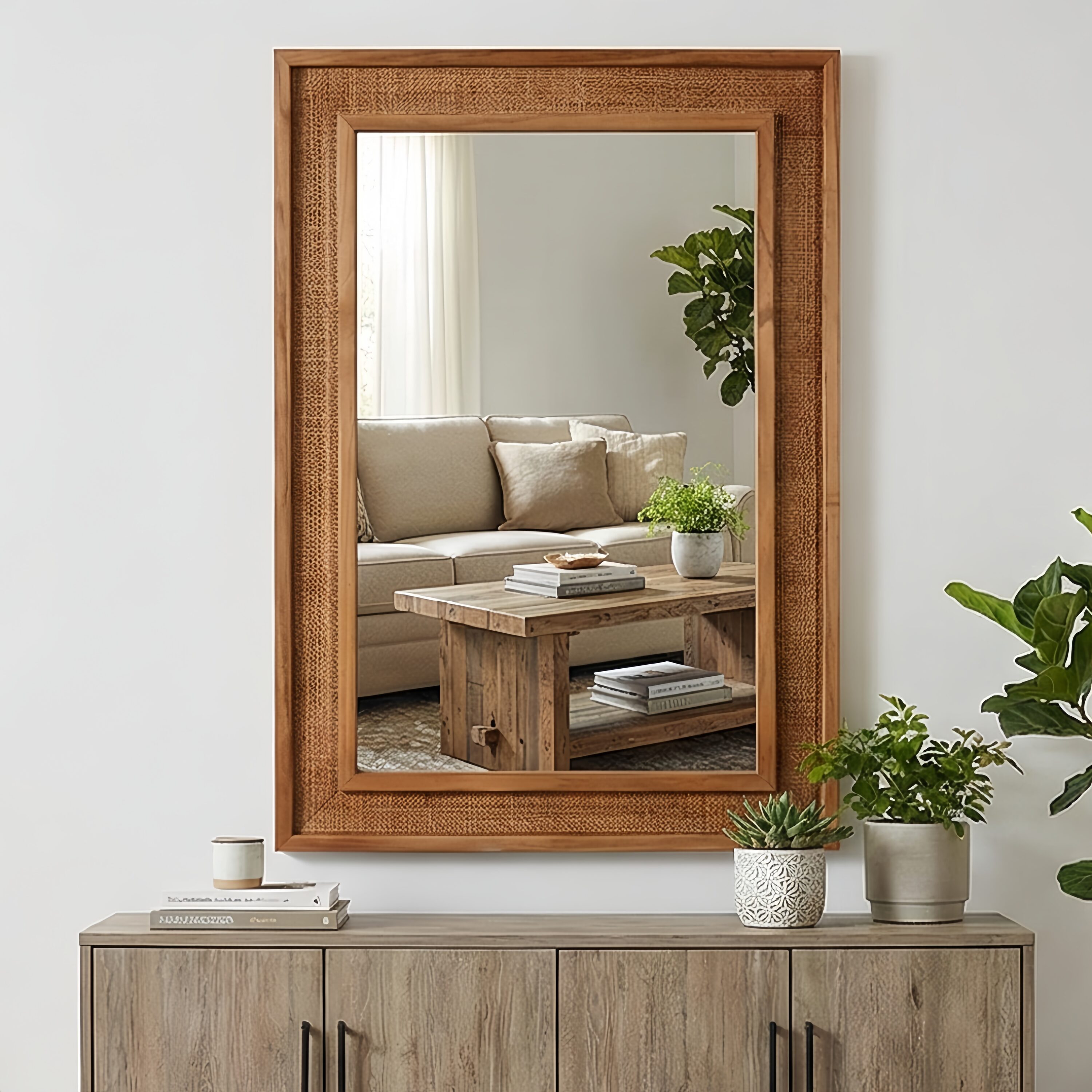 KTMBDW 20x30 Inch Wood Framed Wall Mirror -Rattan Rectangle Decorative Vanity Mirror for Bathroom Entryway (Brown)