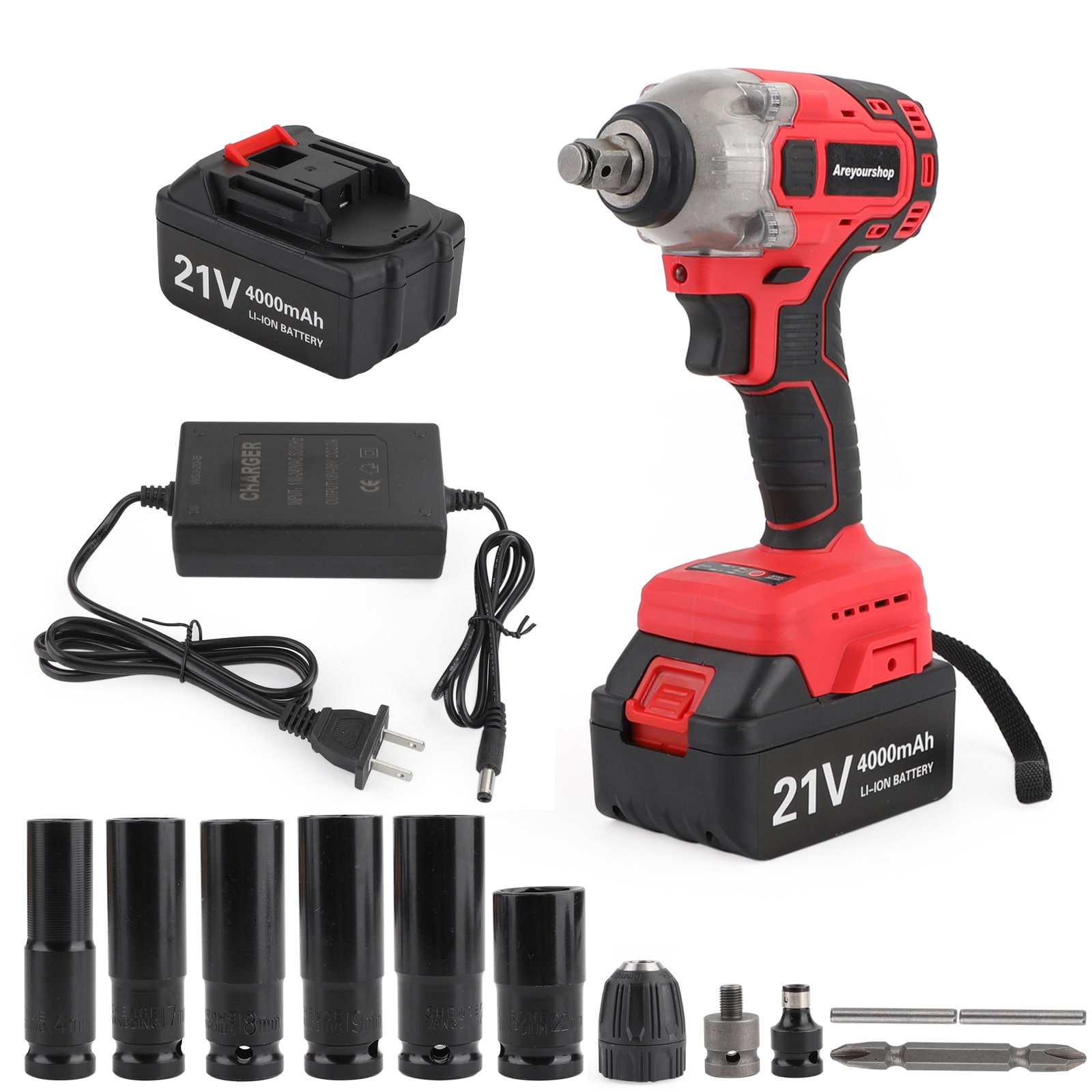 Topteng H029-A005 4-Amp 20-volt Brushless 3/8-in Drive Corded Impact Wrench 2 batteries