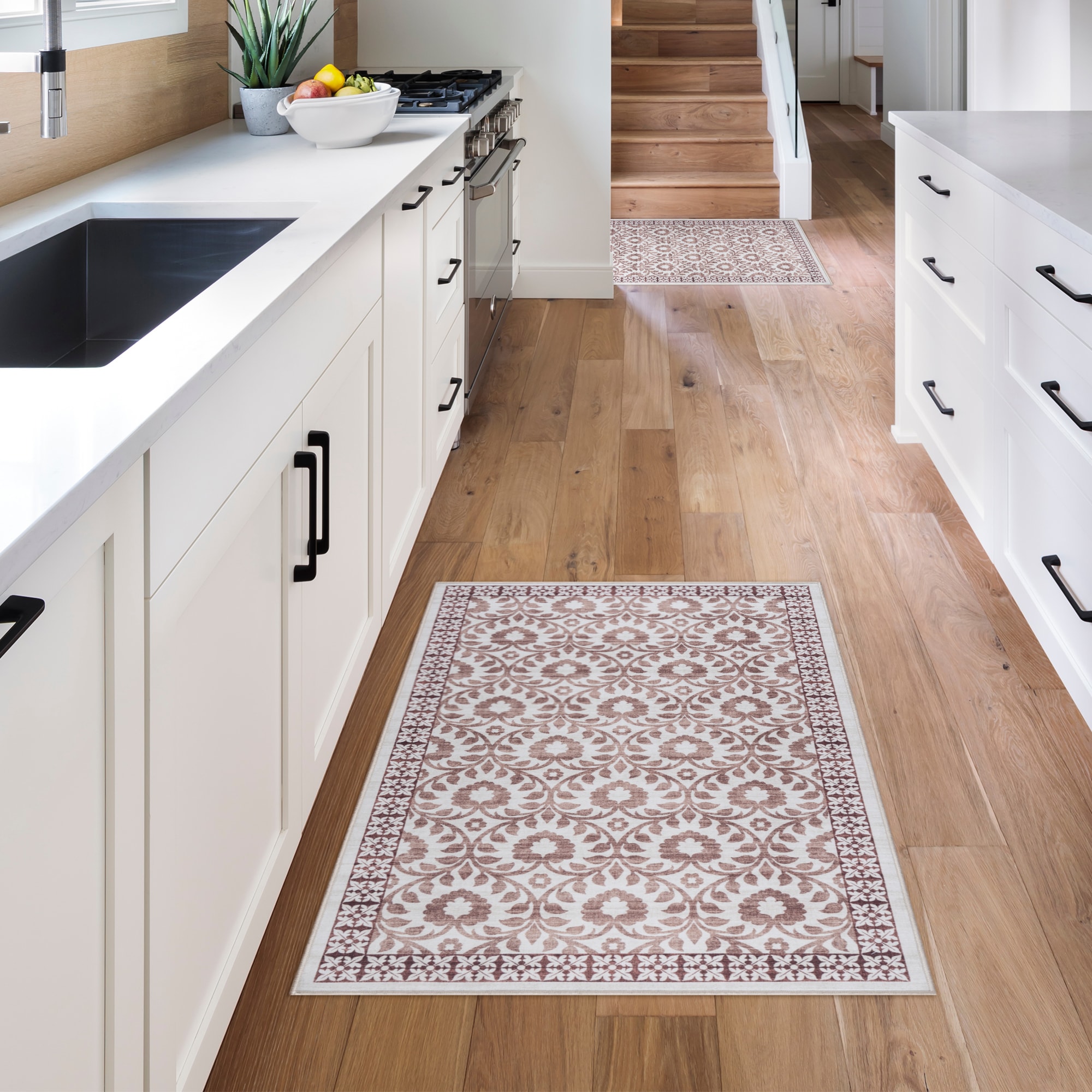 Ivory and Red Floral Synthetic Washable Area Rug