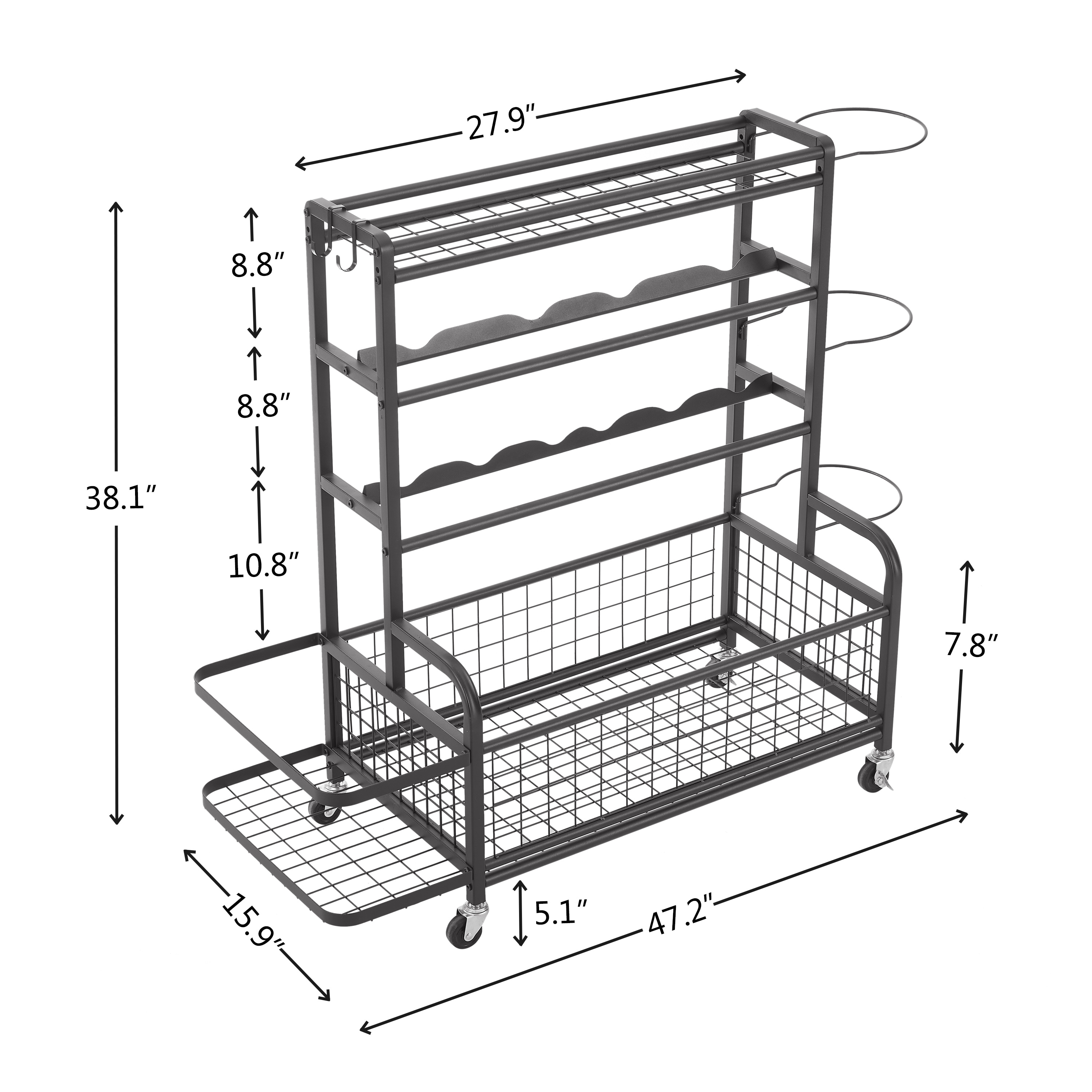 Black 4-Tier Metal Storage Organizer with Rolling Wheels