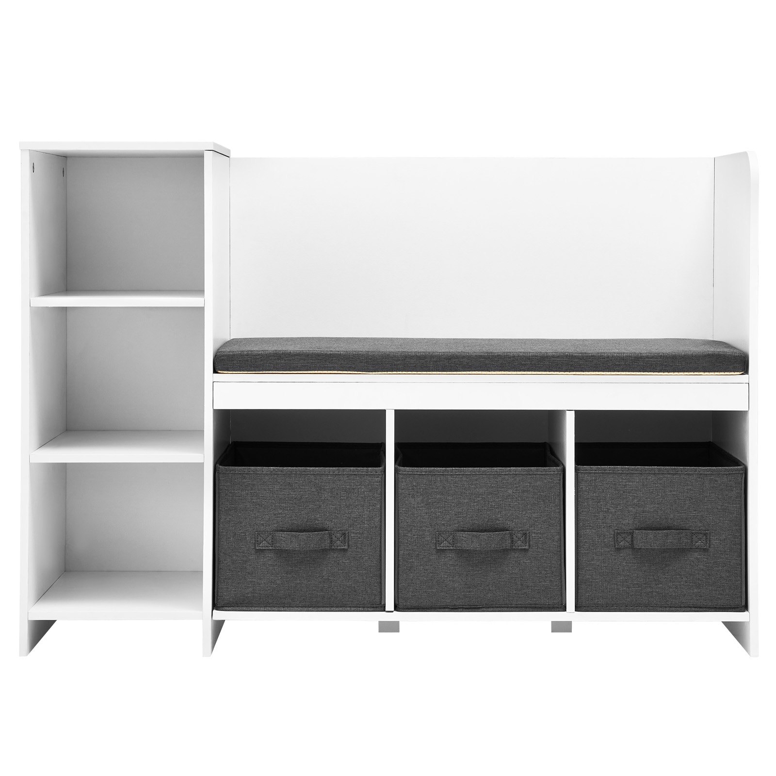 Slickblue - Kids White Reading Nook Storage Bench with 3 Compartment Storage Gray Cushioned Bench...