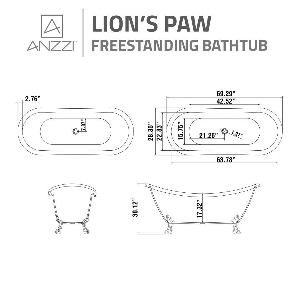 Belissima 69'' White Acrylic Clawfoot Freestanding Bathtub