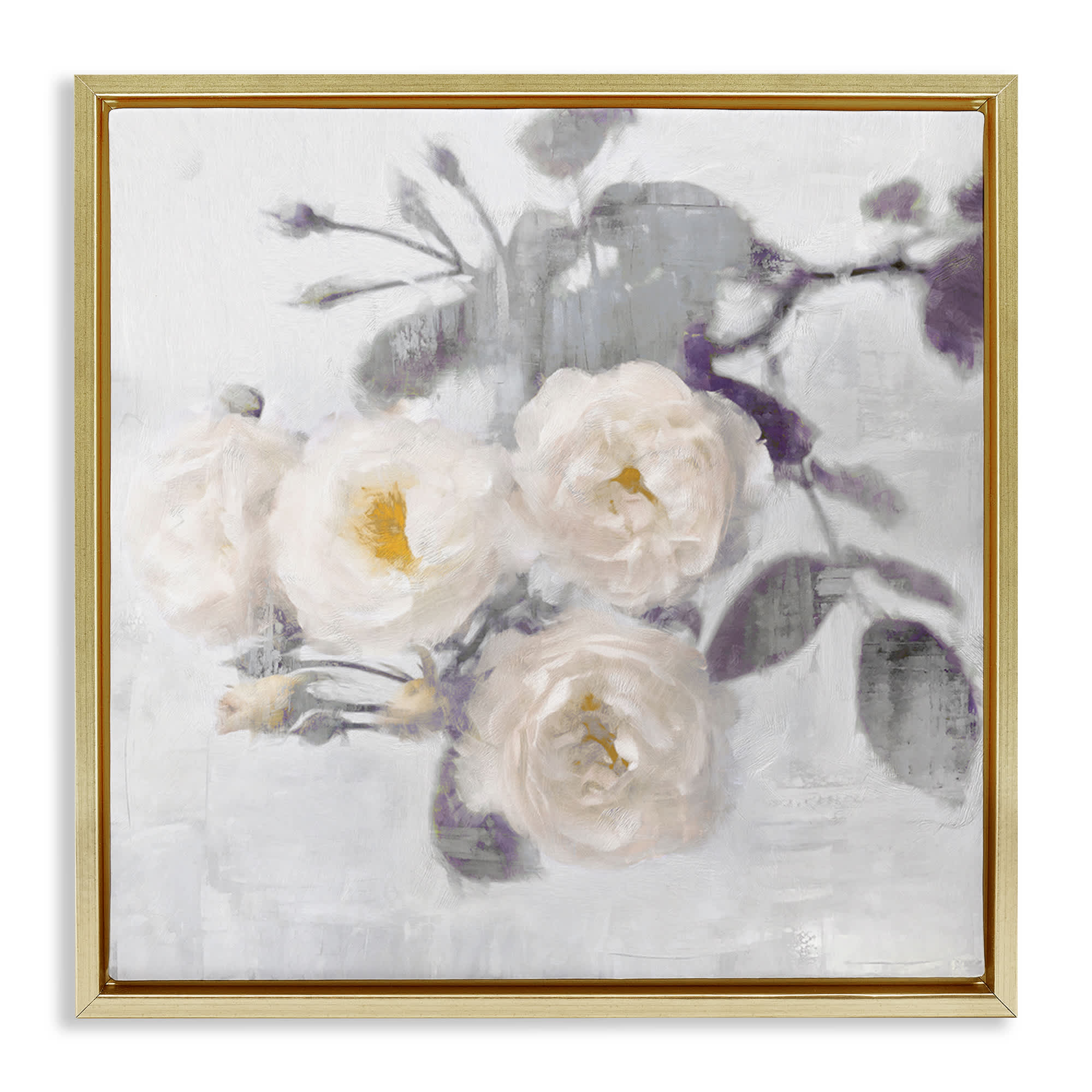 Stupell Industries BS-561-FFG-24X24 White Blooms on Grey Gold Framed Floater Canvas Wall Art By Emily Ford 25 x 25