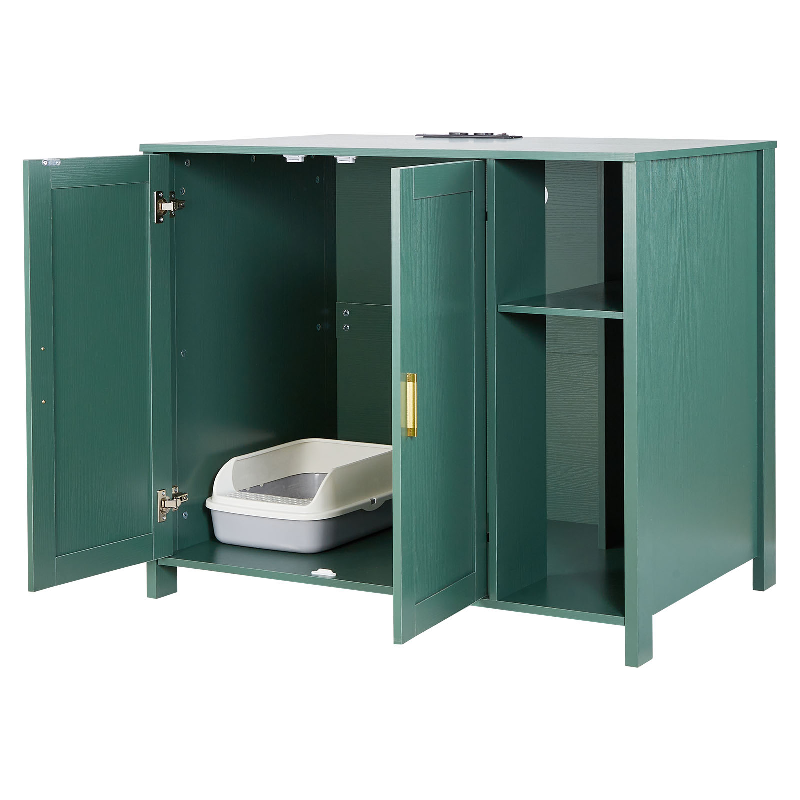 GIVIMO 41.34-in Cat Litter Box Enclosure Cabinet with Built-In Power Outlet Dual USB Ports Storage Drawer Side Window and Height-Adjustable Divider 2-Door P2 Particle Board Melamine Finish Fits Most Automatic Litter Boxes Dark Green with Gold Handles