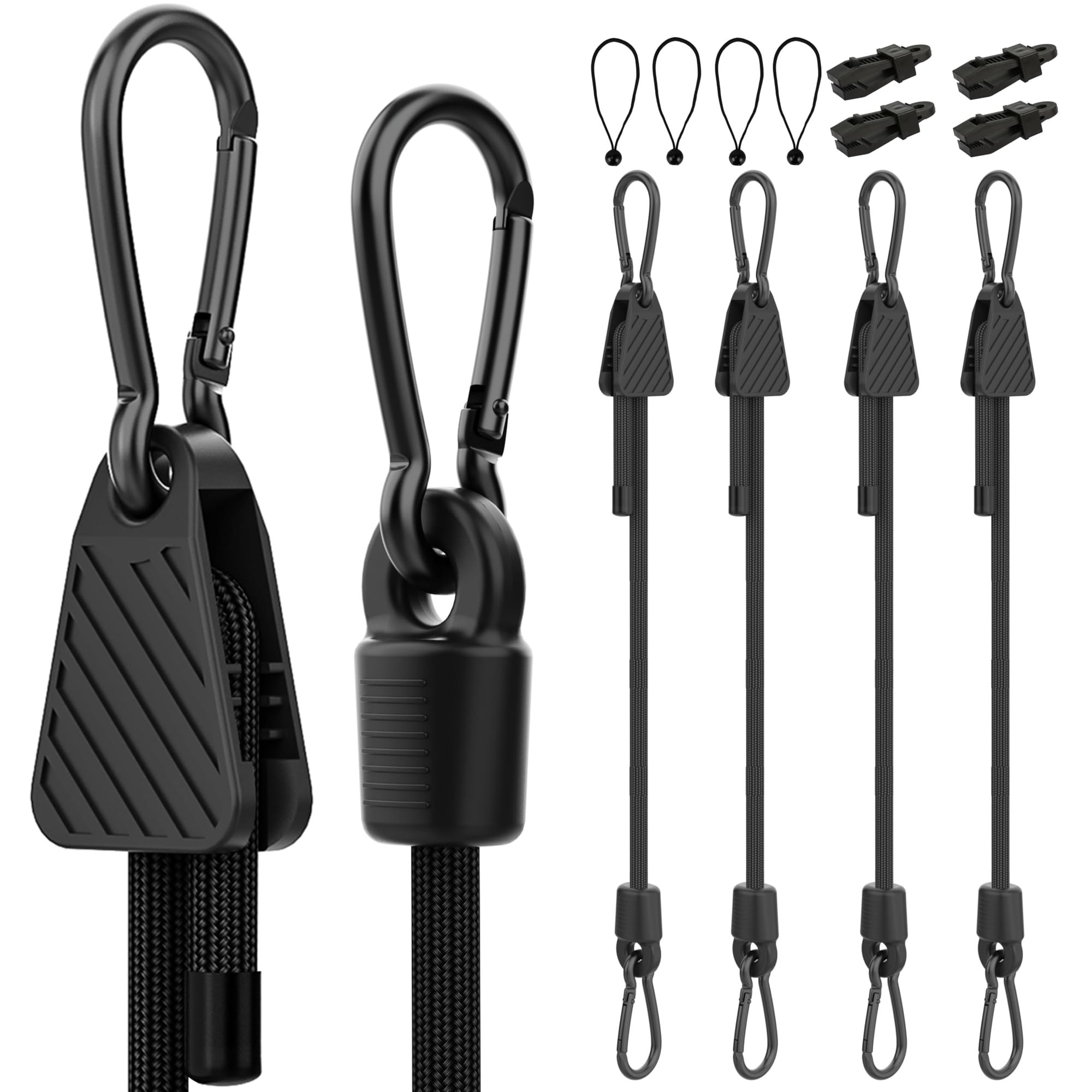 Linder Group Inc Adjustable Bungee Cords with Hooks 12 pack Heavy Duty Outdoor Set Includes 48 inch Carabiner Bungee 6 inch Ball Ties Tarp Clips for Camping