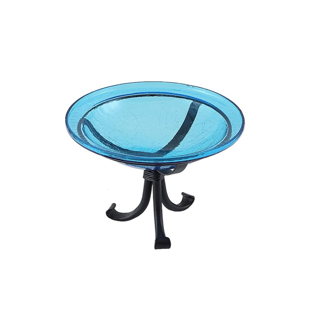 Teal Crackle Glass Birdbath with Black Wrought Iron Stand