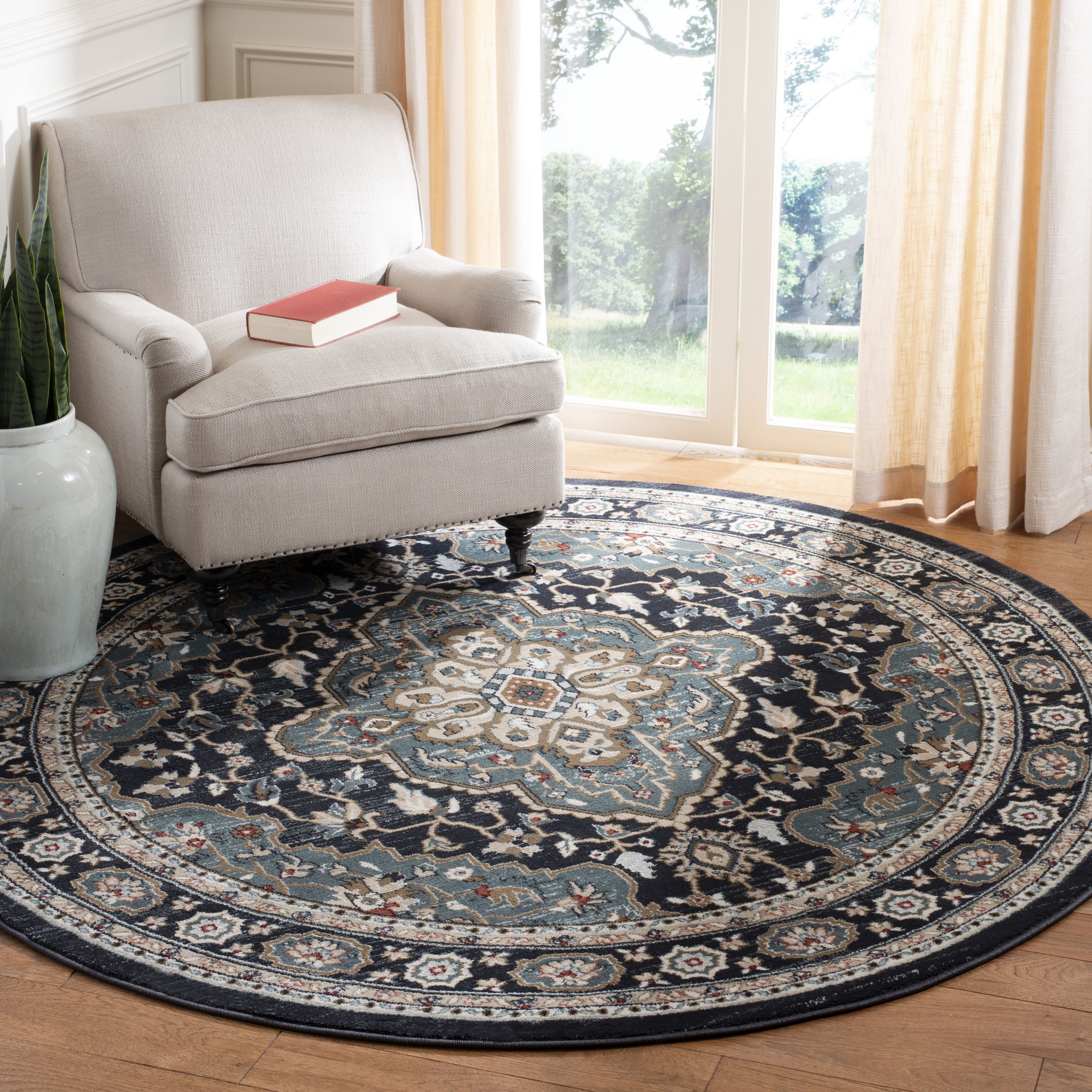 Safavieh LNH338C-7R Lyndhurst Shiraz 7 x 7 (ft) Loomed Polypropylene Anthracite/Teal Round Indoor Floral/Botanical Oriental Area rug
