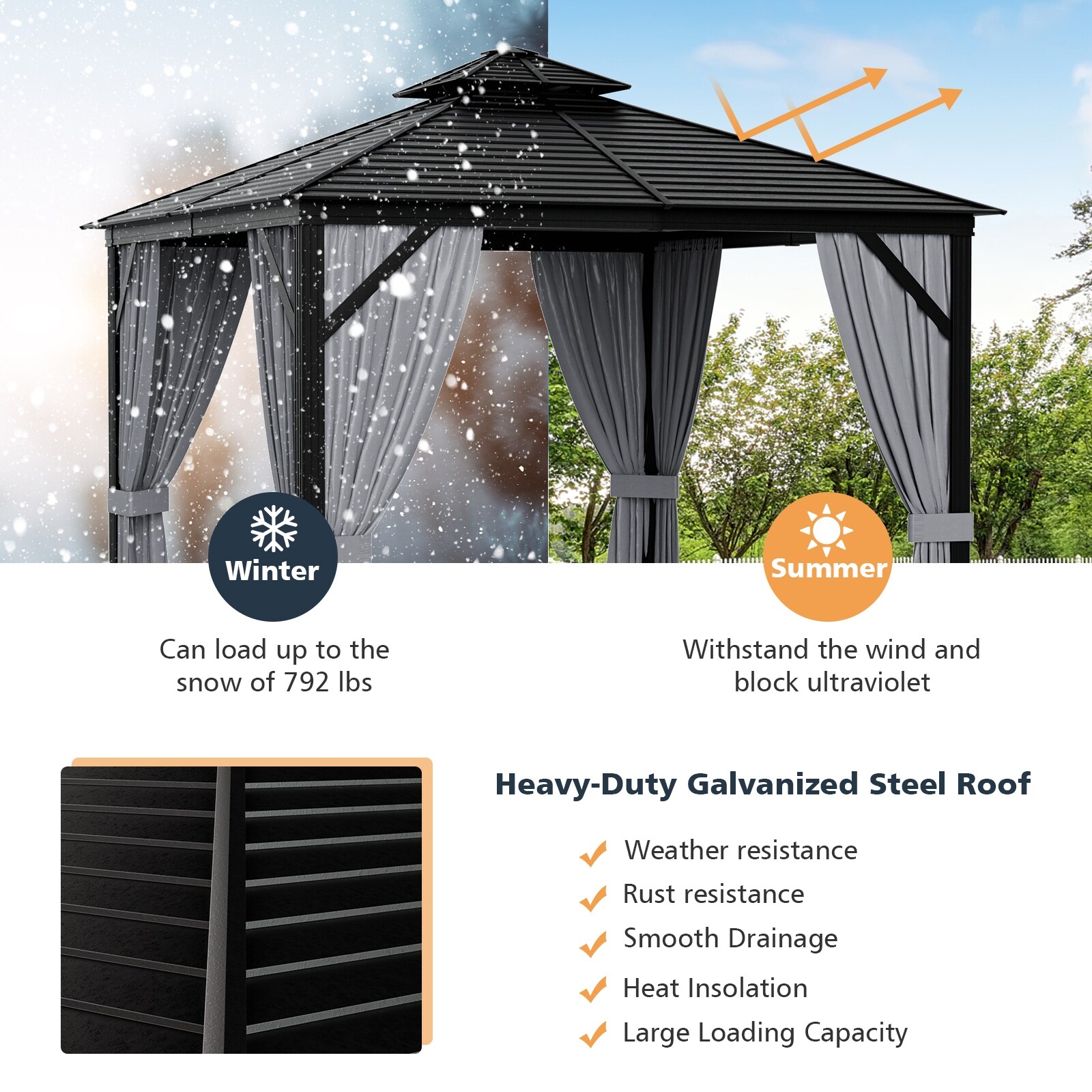 Forclover 10-ft X 10-ft Gazebo Square Gray Metal Aluminum Roof Semi ...