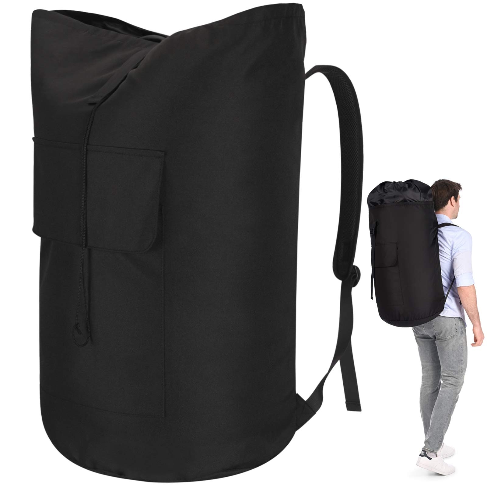 Etokfoks  extra large backpack laundry bag 115L 28 x 15 in extendable 40 in black 600D oxford with padded straps and front pocket