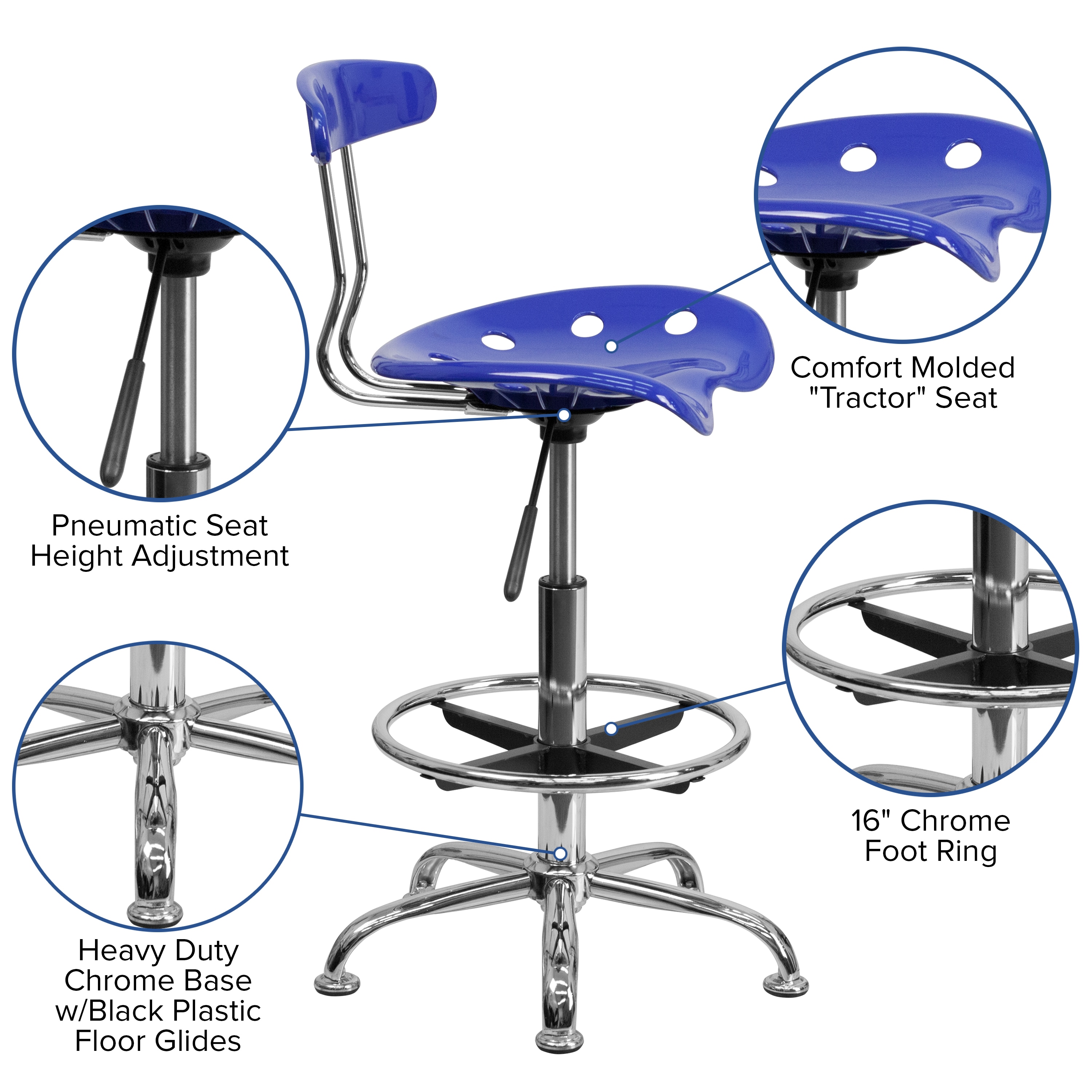 Nautical Blue Adjustable Swivel Metal and Acrylic Drafting Stool