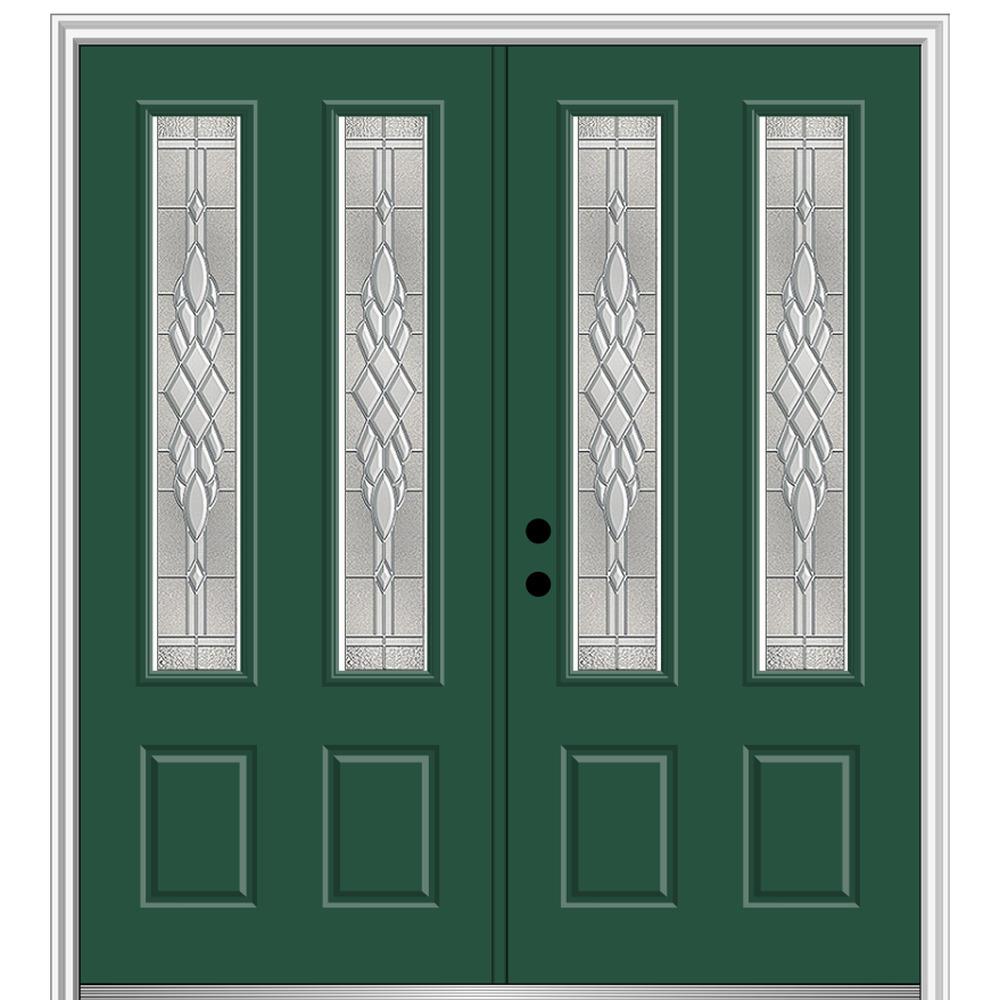 MMI DOOR ZZ365629R 72-in x 80-in x 4-9/16-in Fiberglass Twin lite Right-hand inswing Hunter Green Painted Prehung Double Front Door with Brickmould Insulating core