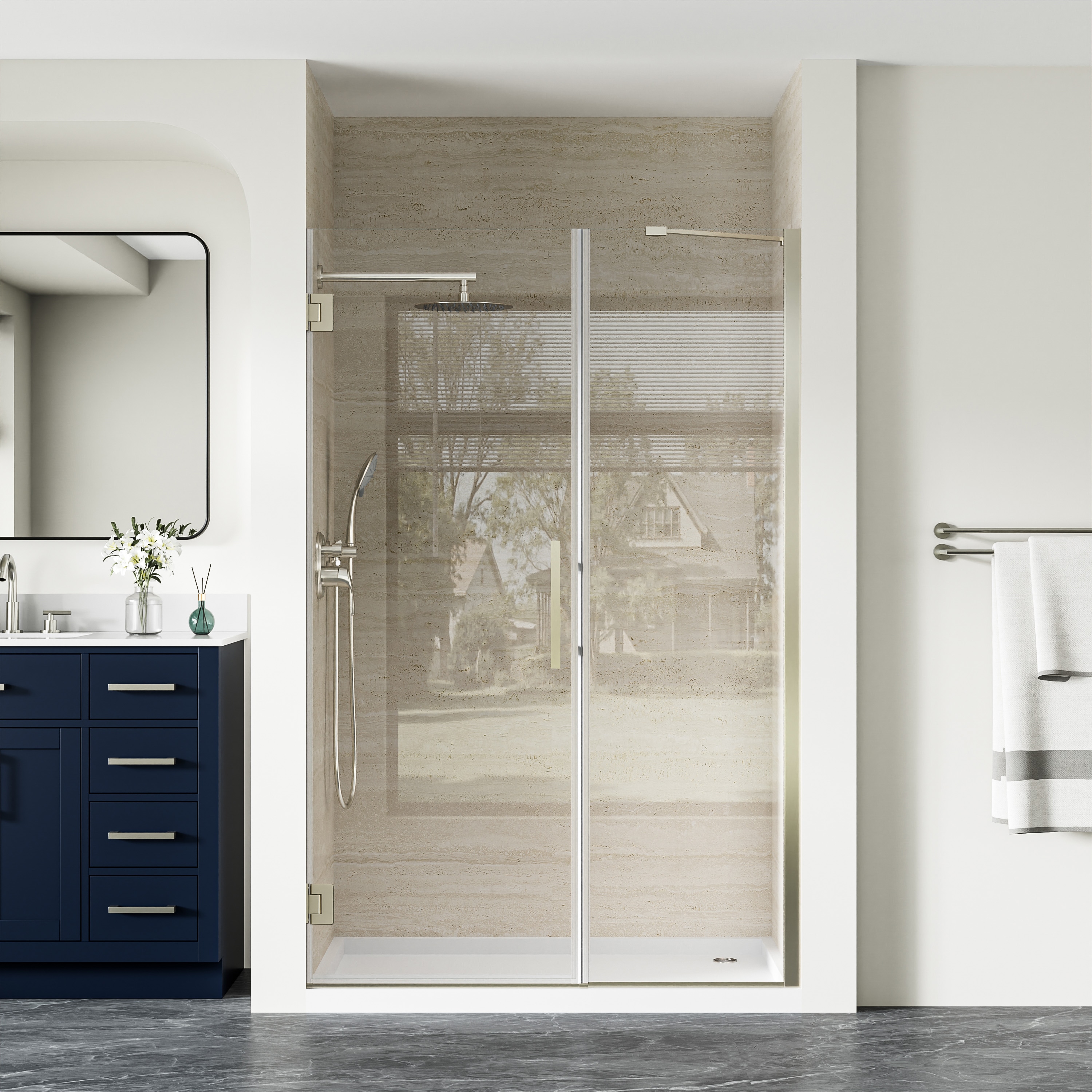 Forclover - Brushed Nickel 46-in to 47-in W x 72-in H Frameless Clear Glass Hinged Hinged Shower ...